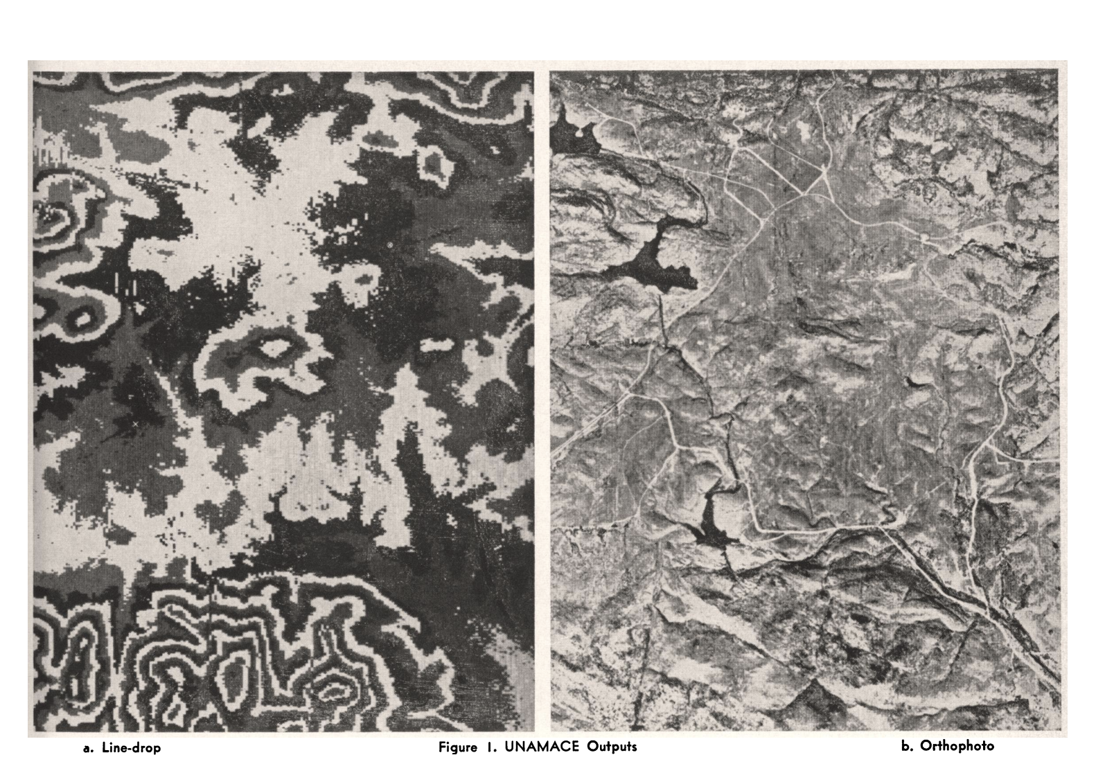 on right, a grayscale topographic rendering. on left, an orthophoto of some mountainous zone.