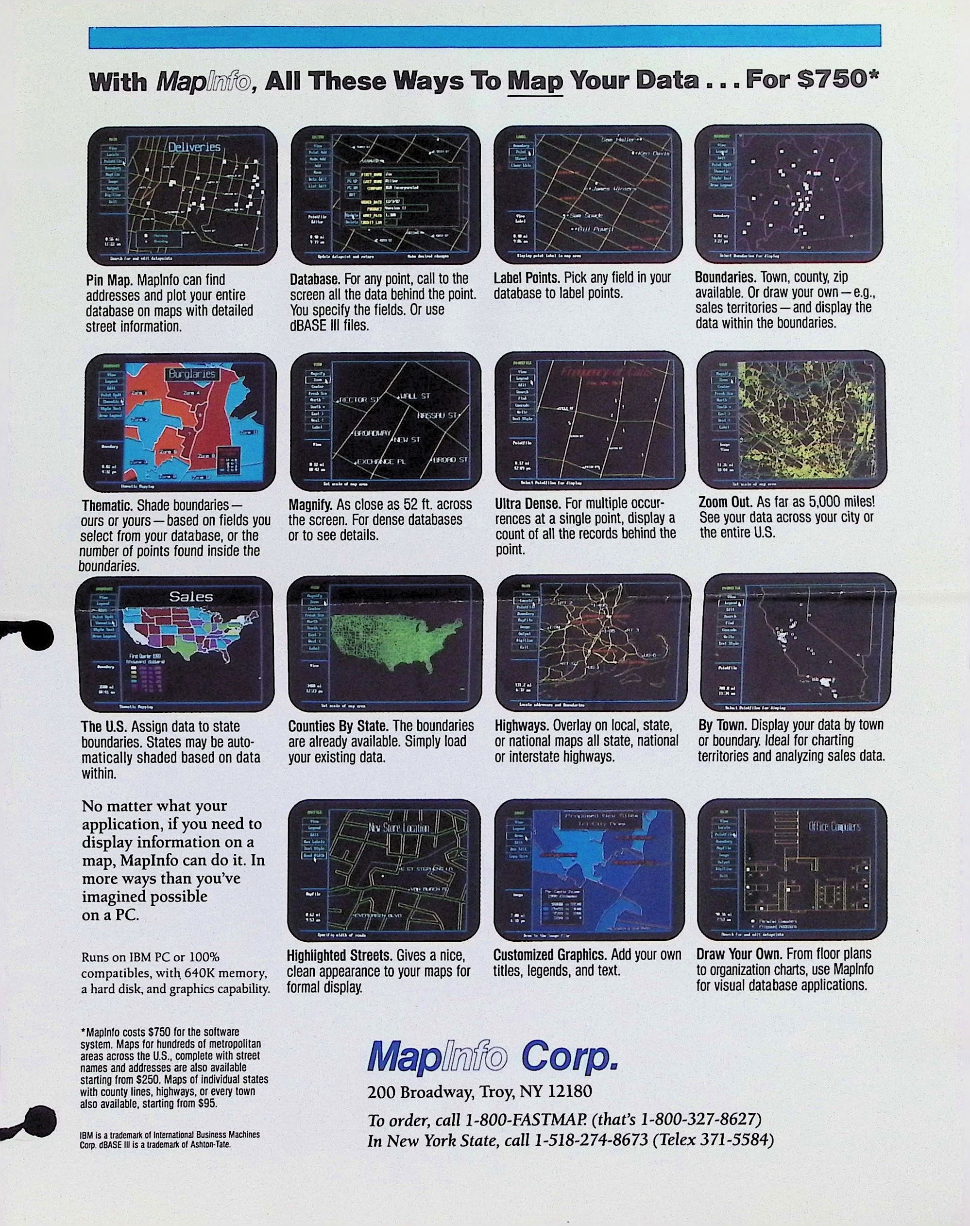 a sellsheet for MapInfo, undated but likely late 1980s based on the interface design and product pricing ($750).