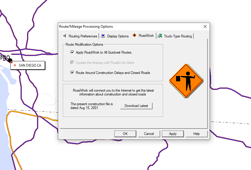 a route mileage/processing options menu with guidance on downloading road work data