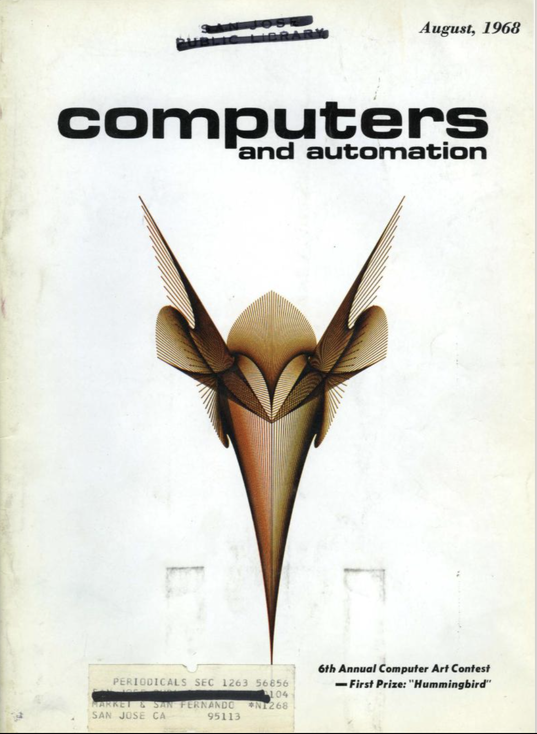 a cover of the August 1968 issue of Computers and Automation, featuring a abstract drawing made with a computer that is apparently a mosquito