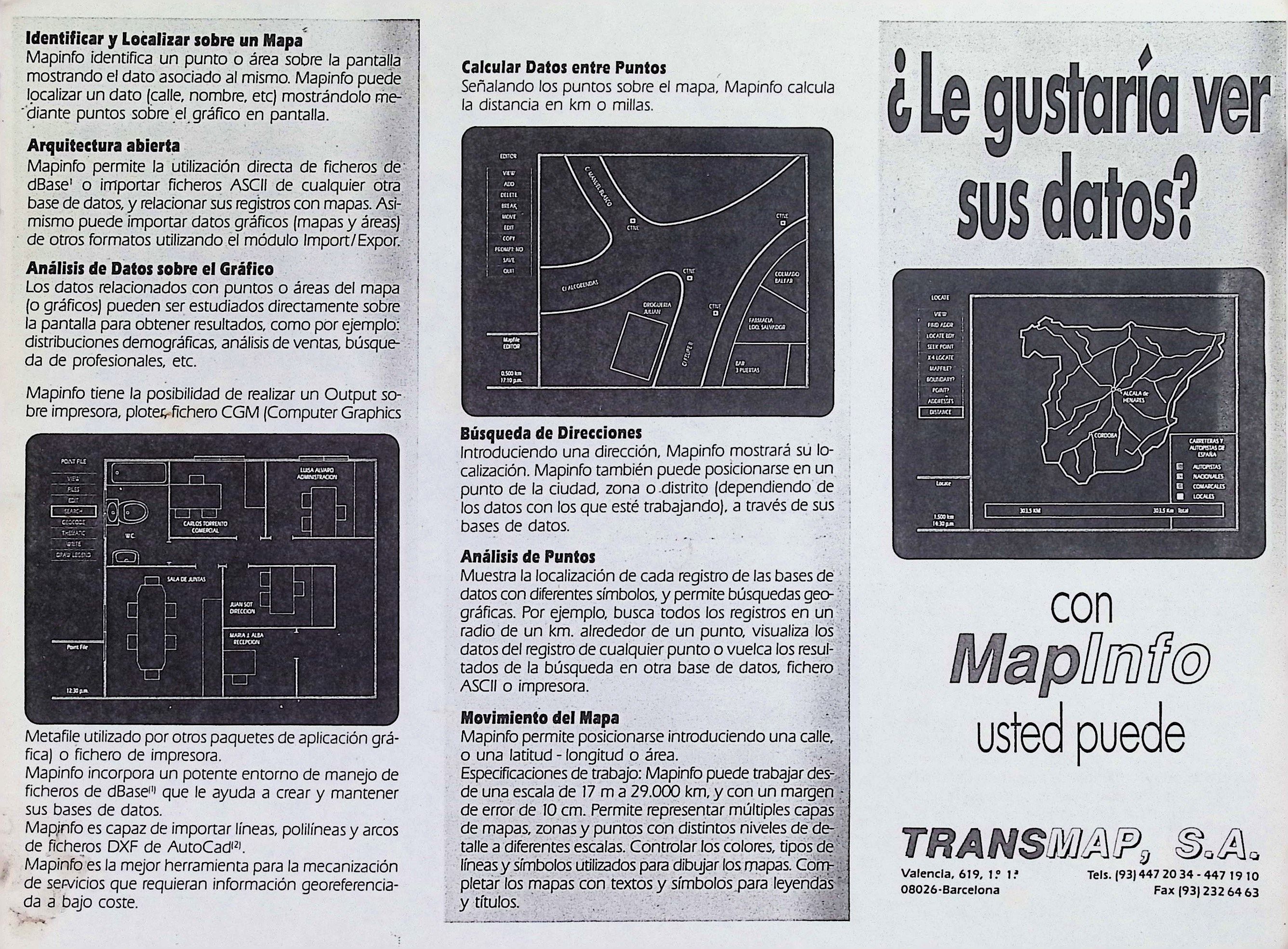 a trifold sellsheet for MapInfo, undated but likely late 1980s based on the interface design, in Spanish.