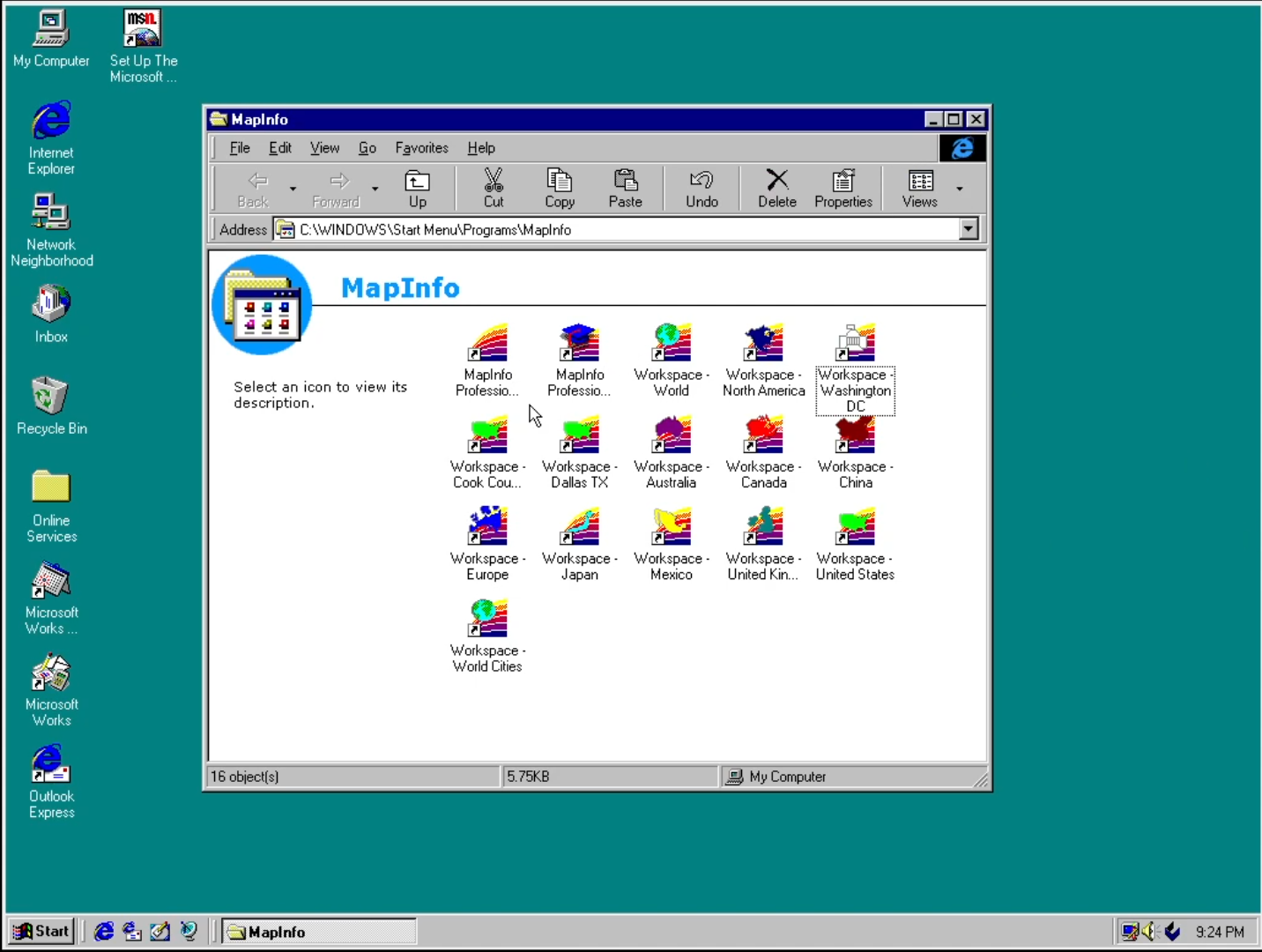 Windows 95 screen with a folder open showing a bunch of applications--MapInfo, MapInfo Tutorial, and then 'workspaces' for MapInfo for the world, North America, DC, Cook County IL, Dallas TX, Australia, Canada, China, Europe, Japan, Mexico, the UK, the USA, and something called World Cities so probably the same as the world workspace but with a layer of city points.