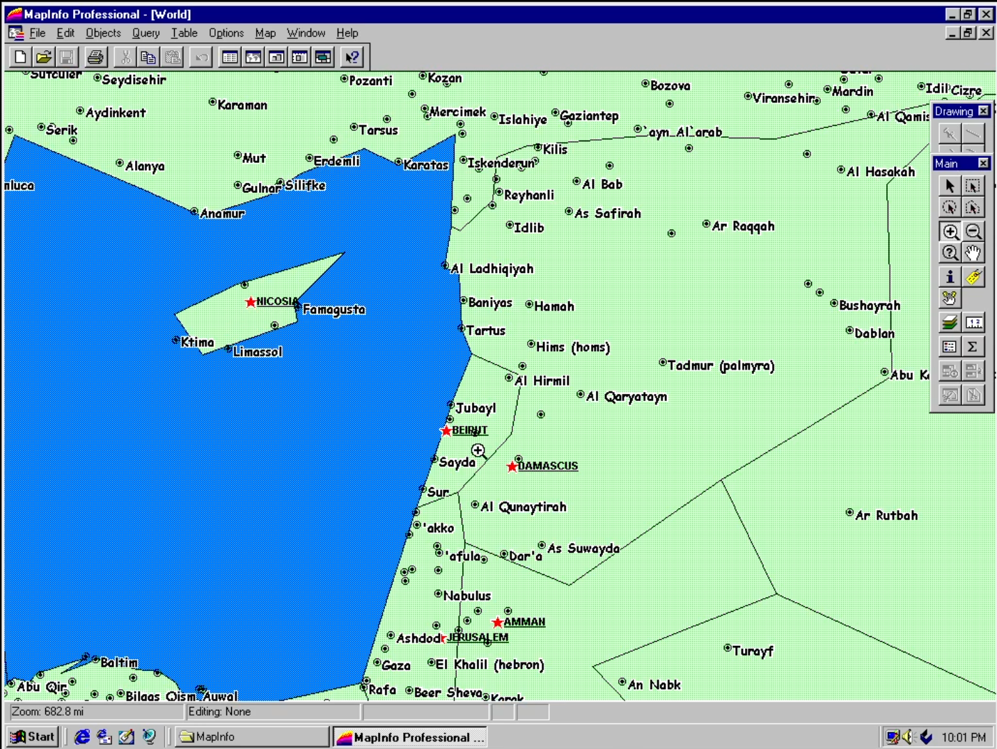 MapInfo screen with a zoom into a world map with major cities labeled. I labeled them in Comic Sans.