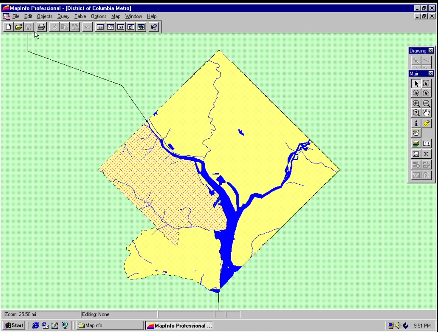 MapInfo screen with a map of DC visible. It's just the outlines of the city/metro area, with the rivers.