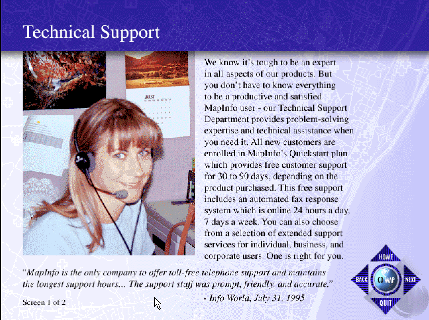 A screen about Technical Support. There's a photo of a woman with a headset on smiling and sitting in front of a computer, and a bunch of text about how much their tech support team cares.
