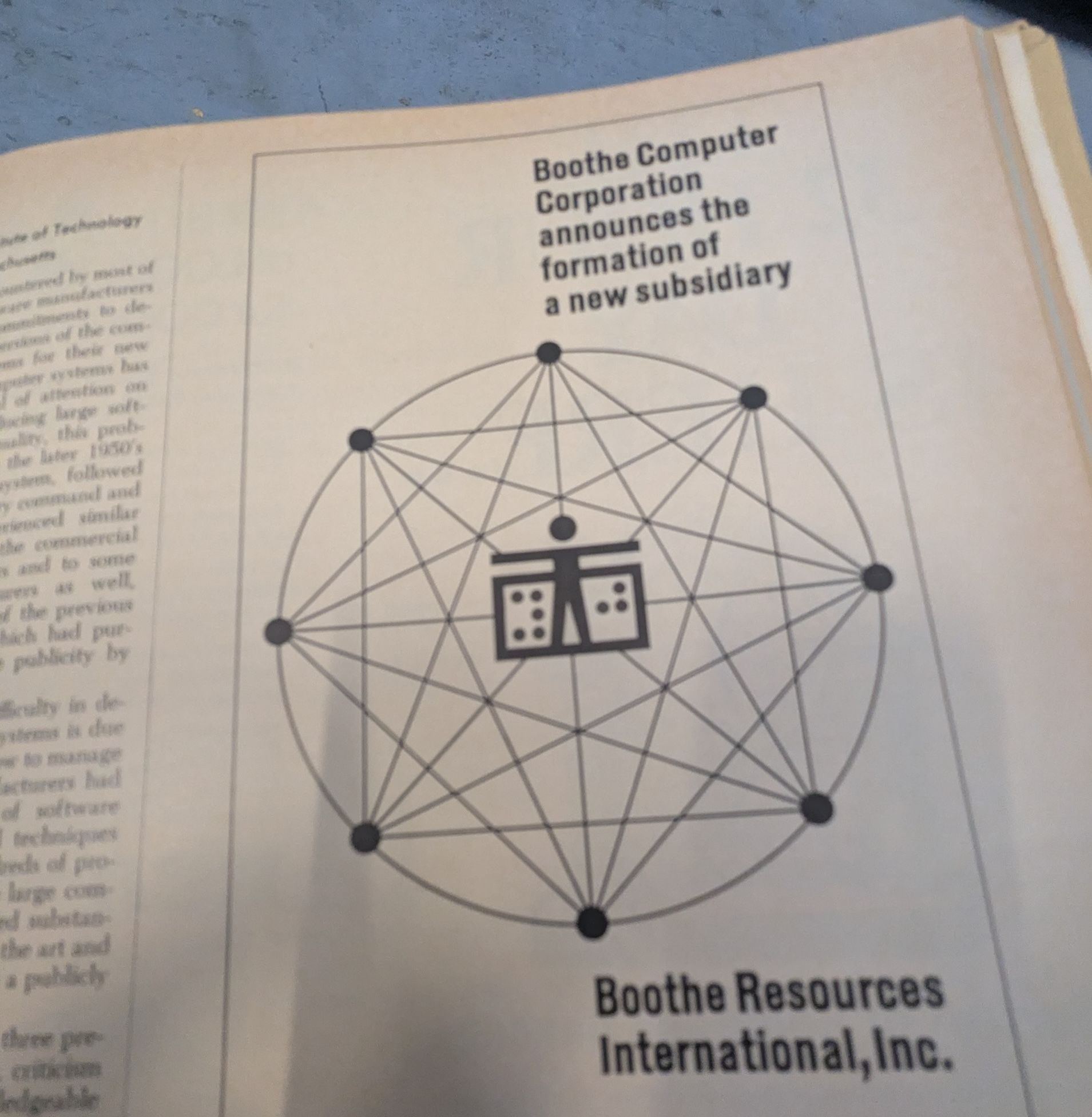 a little guy in a circle with nodes along its sides forming little lines around him, like if the mens room icon was subject to an occult sacrifice. text reads 'Boothe Computer Corporation announces the formation of a new subsidiary'