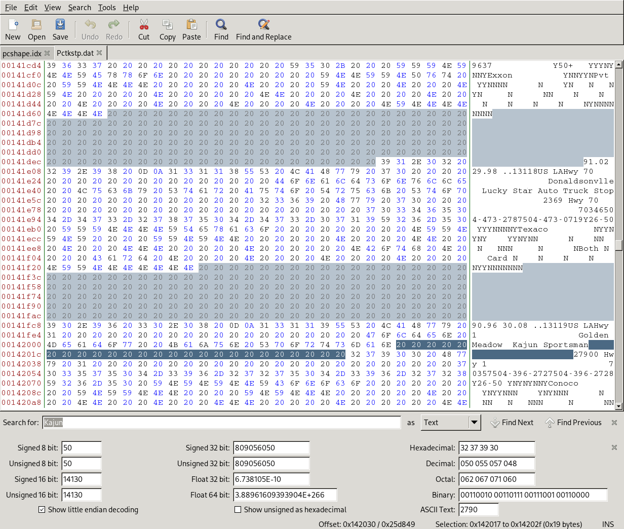 a byte code viewer that shows the uniform addition of spaces after certain data entries in a text file