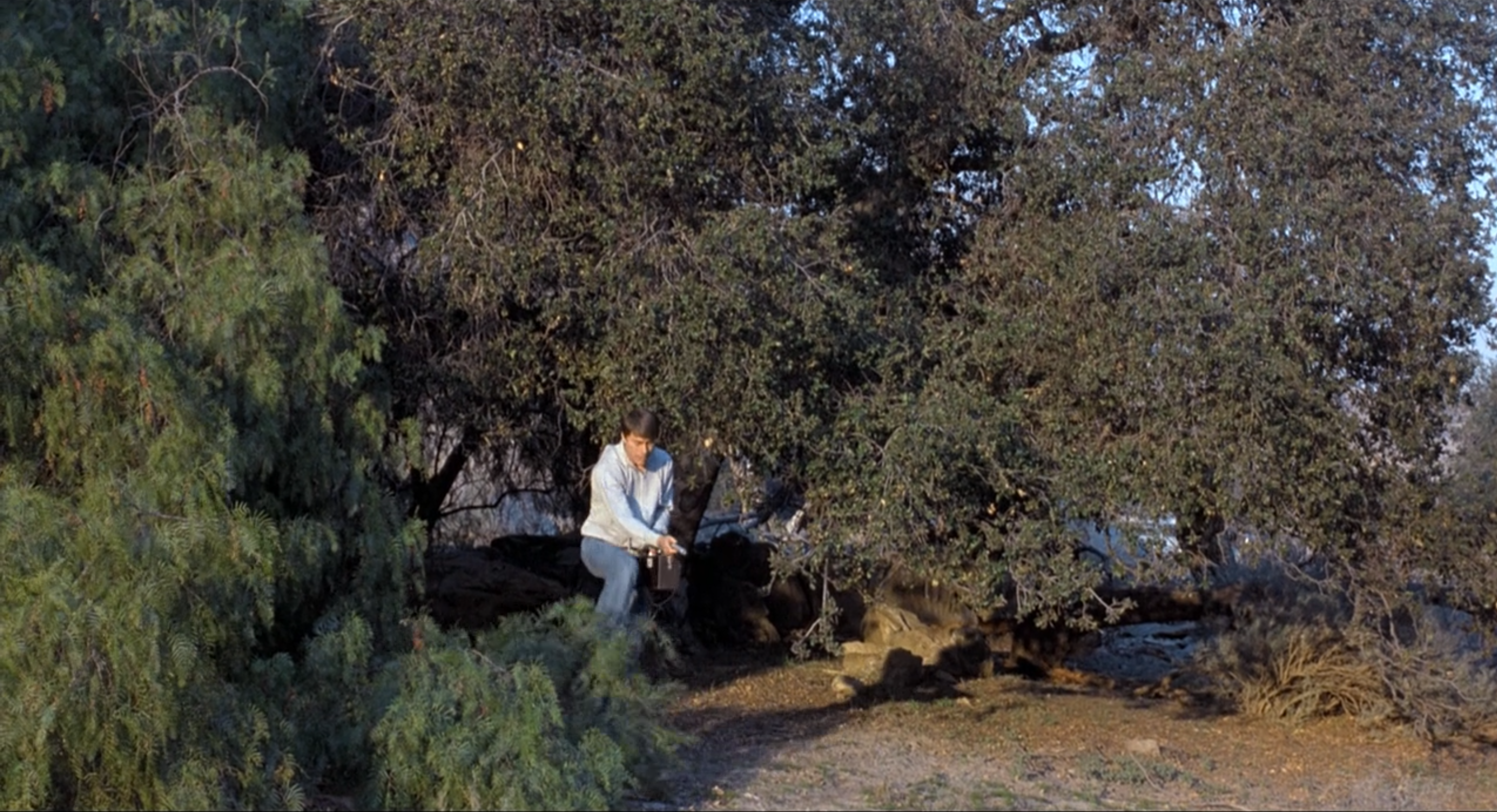 If I had to choose a Shot of Anarchy for this film, I think I’d select this moment, which takes less than a second. Here, Dr. Ted Nelson (Burr DeBenning) is using a Geiger counter to track the Melting Man, following it where it leads him… even if it means stepping through tree branches he could easily move around. If it was meant as a joke, it happens too quickly to register as one.