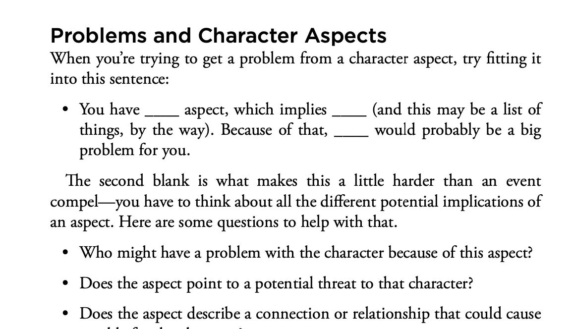 Part of the method to generate “problems” in FATE, which lead to adventures. (Aspects are character descriptors that are core to the system.)