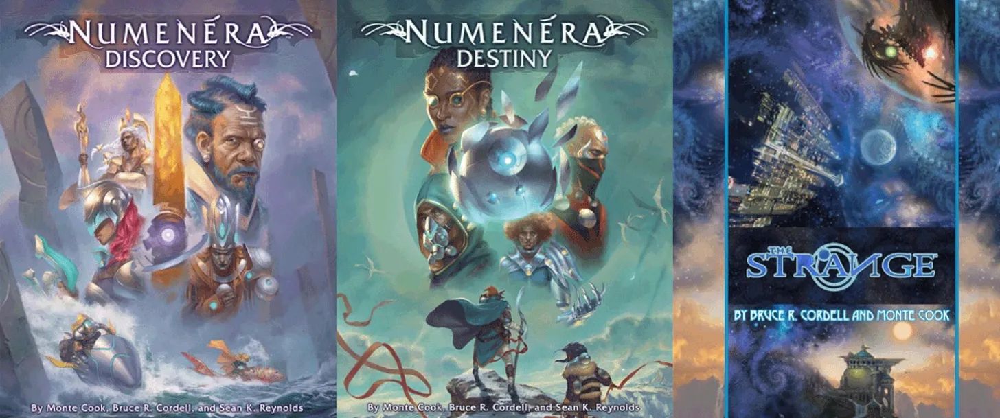 Some books in the Bundle of Holding: Numenera Discovery, Numenera Destiny, and The Strange