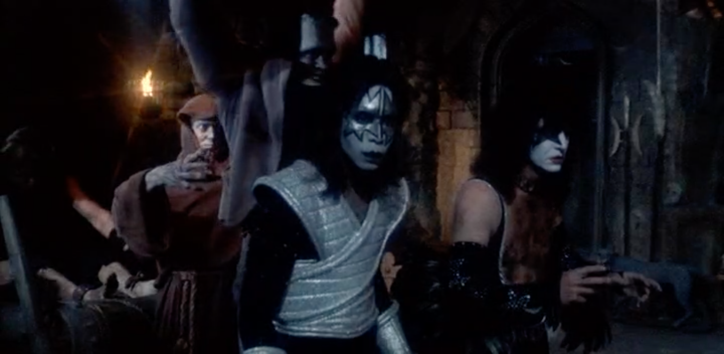 Spaceman (Ace Frehley) and Starchild (Paul Stanley) about to be attacked by robots from the Chamber of Thrills.