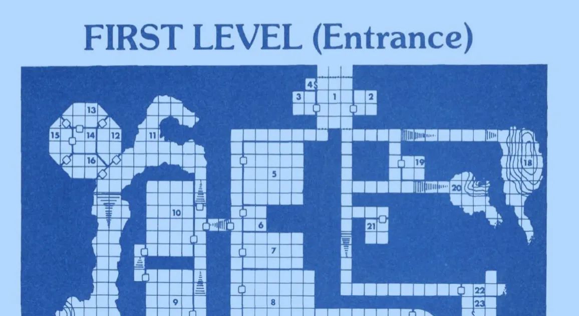 Section of a the First Level map of the Dungeons & Dragons adventure B3 Palace of the Silver Princess.