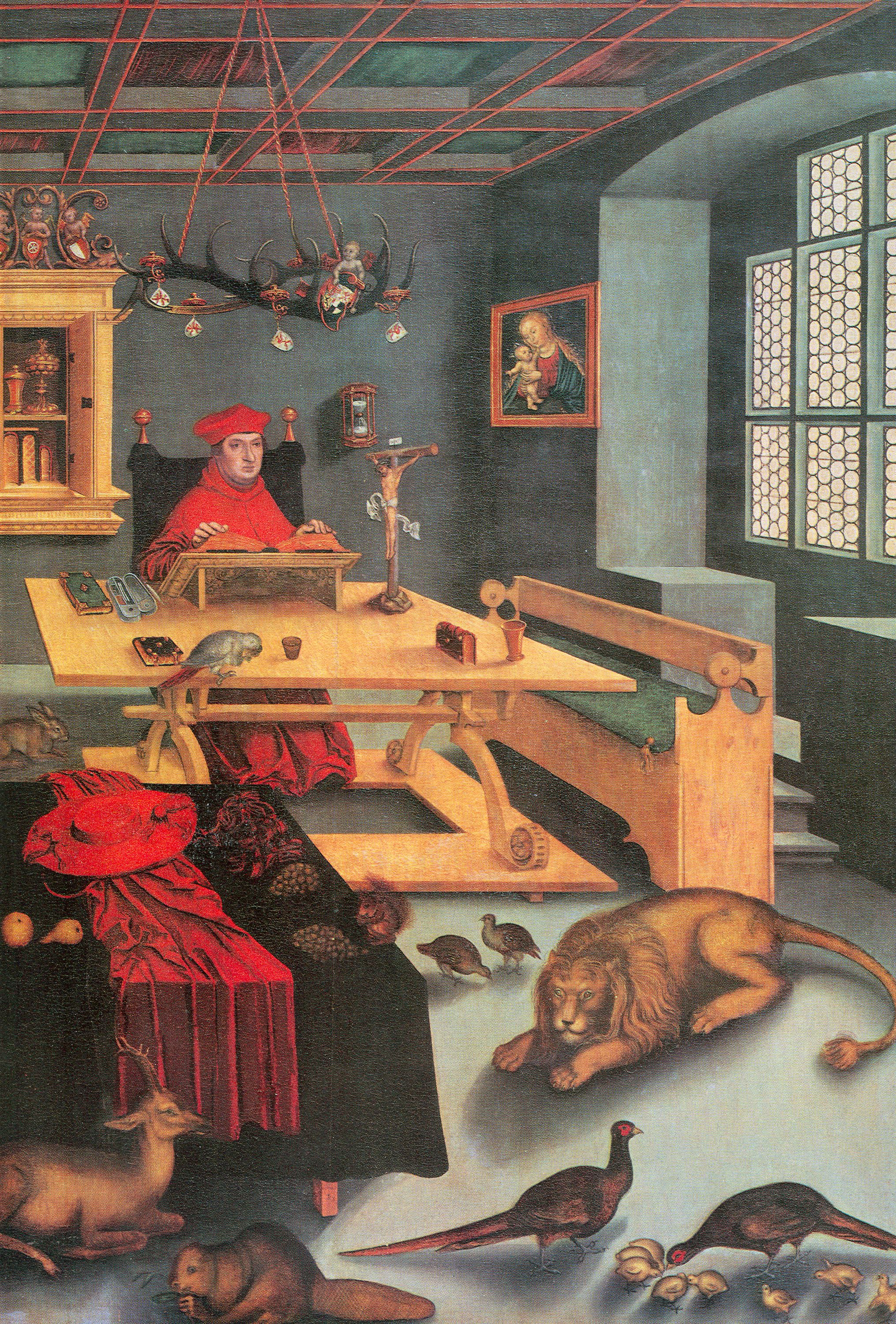 Cardinal Albrecht of Brandenburg as Saint Jerome (with friends) in his study by Lucas Cranach the Elder, 1526.