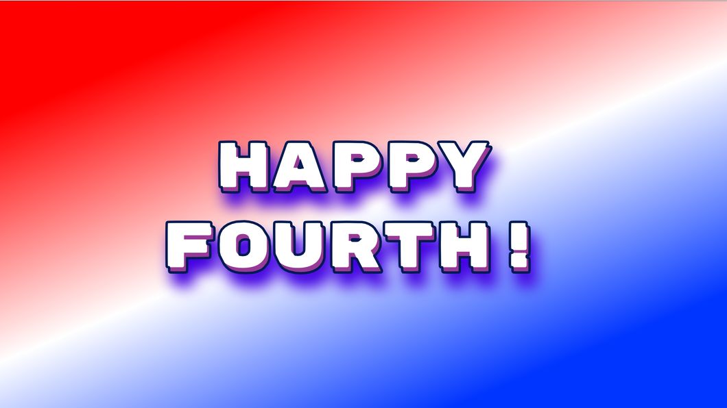 Banner image with the text HAPPY FOURTH on a red white and blue diagonal gradient background