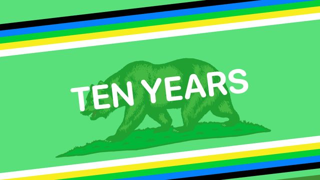 Banner image with the text "Ten Years" in white on a green background and blue and yellow stripes at the top and bottom, crossing at a slight angle. The background of the image is a green-tinted bear from the California state flag.