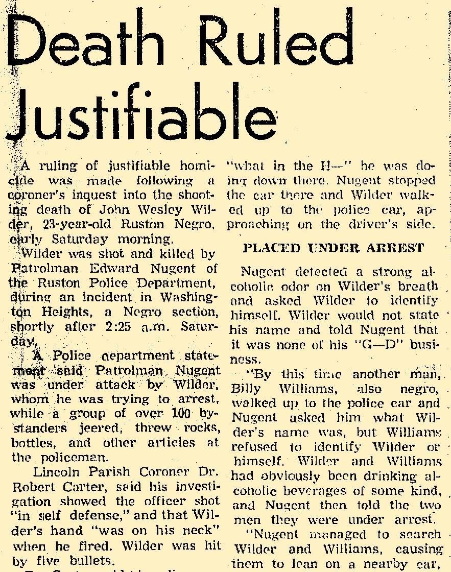 Excerpt from the July 19, 1965 Ruston Daily Leader article on the killing of John Wesley Wilder by Ruston police officer Edward Alton Nugent.