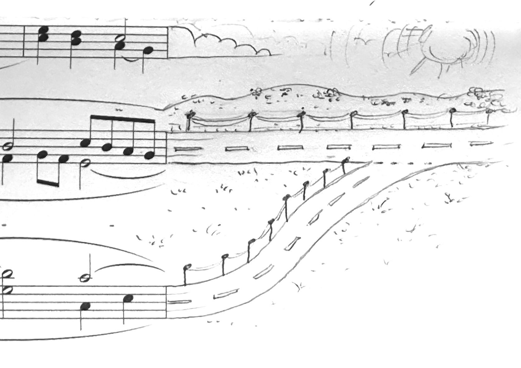 An artistic illustration combining musical notes with a landscape scene, featuring a road, fences, grassy areas, and a sunny sky.