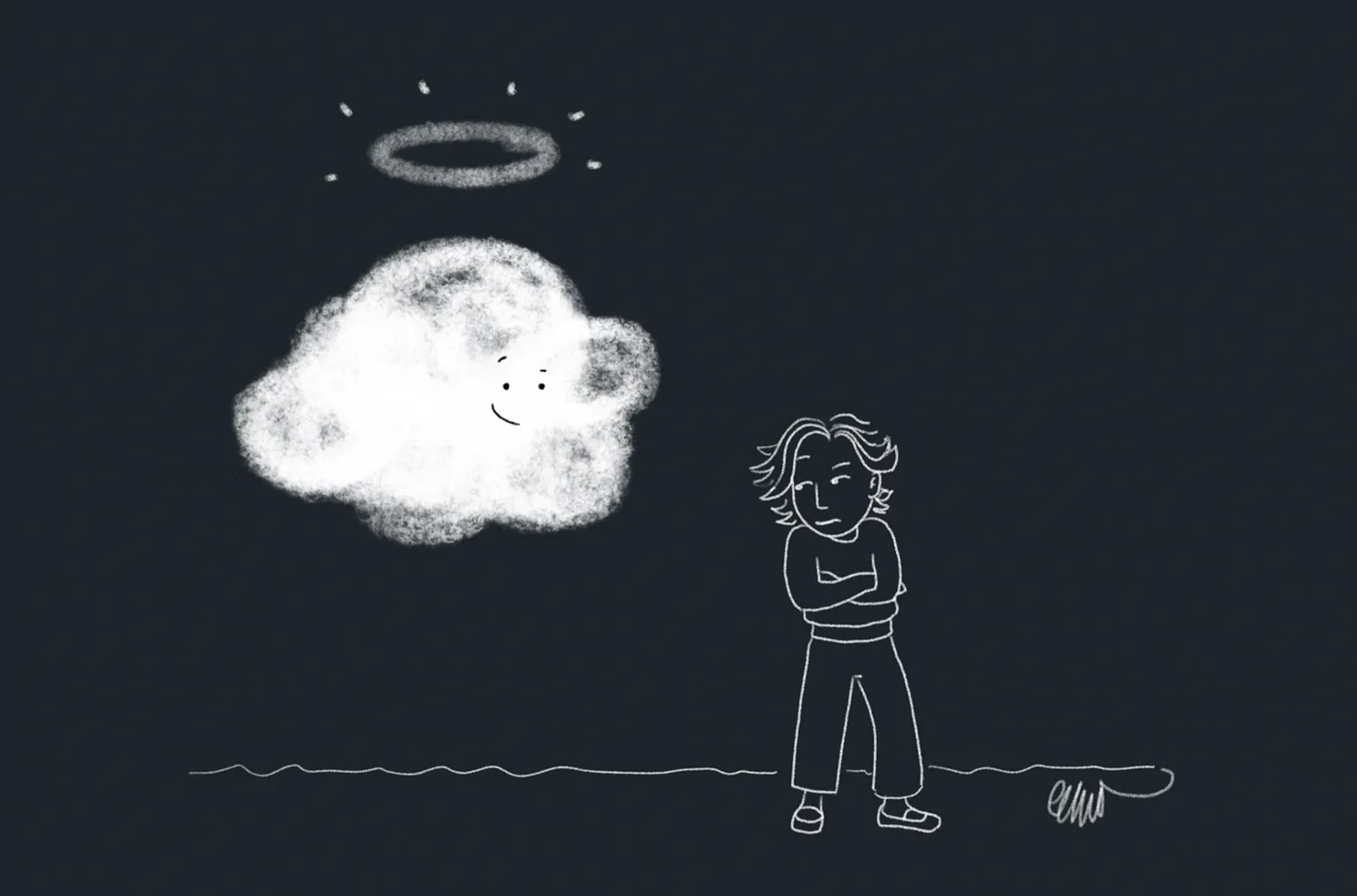 White pencil-style line work cartoon on a black background. There’s a white cloud floating on the middle left, with a friendly face and a glowing halo above it. A person representing the author standing and facing towards the right, looks back at the cloud. Their body language is dripping with skepticism.