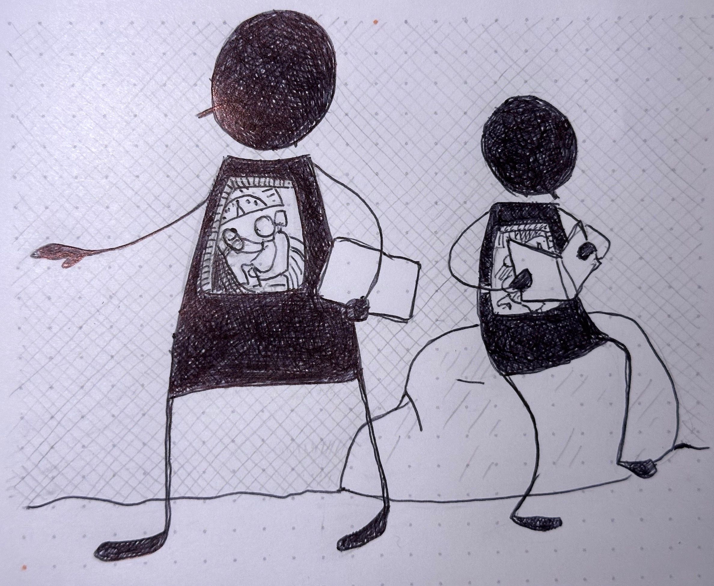 Silhouettes of two stick figures, one standing, the other sitting and reading. Each figure has a window in their chest Teletubby-style, showing a smaller figure sitting at a console, driving or controlling the larger figure.