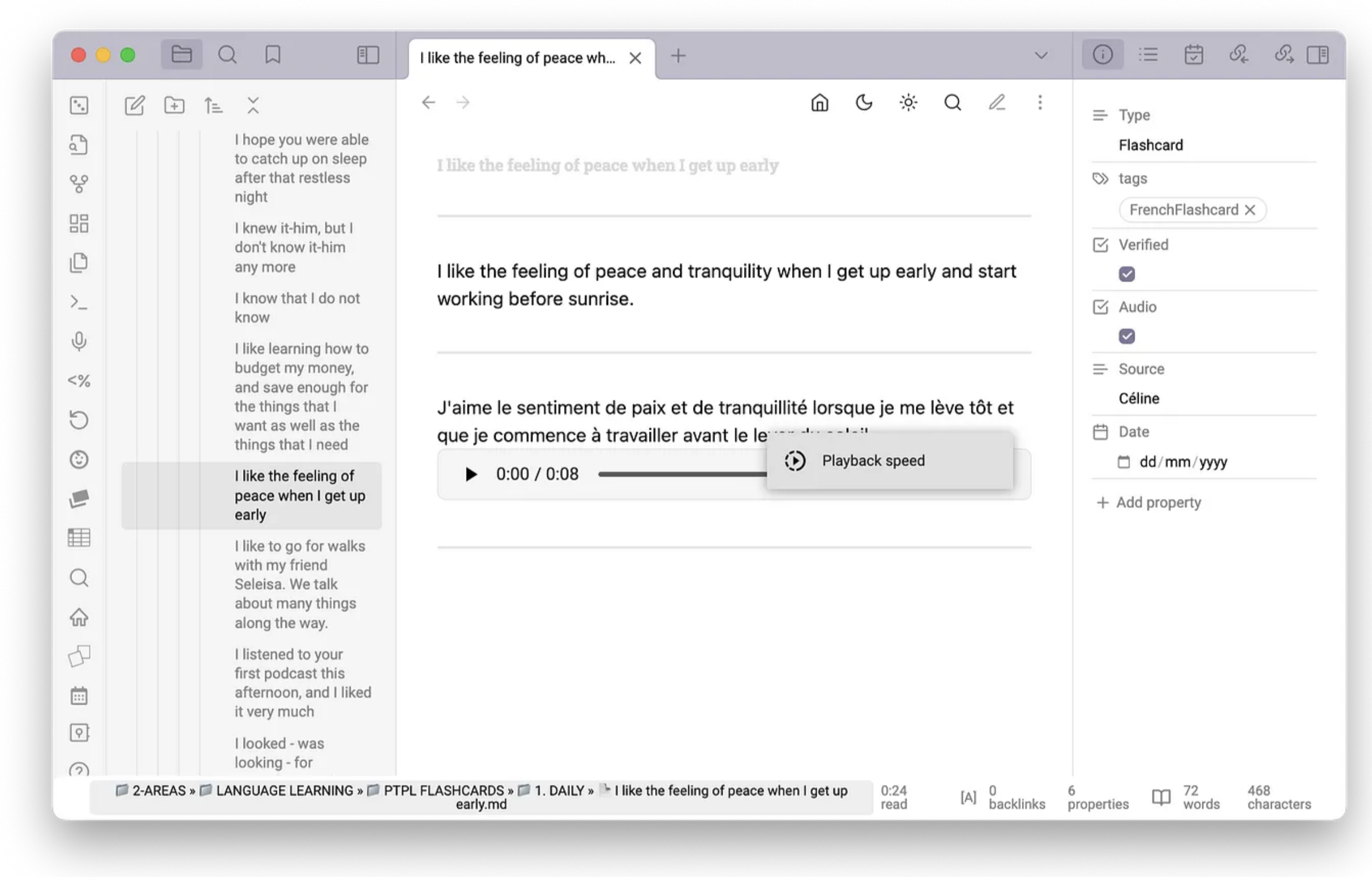 White Mac window with grey top bar. There’s a list of files on the left, and the Properties pane on the right. In the middle is a preview of a Markdown flashcard. Under the sentences is a transcluded audio file, with a pop-up showing Playback Speed.