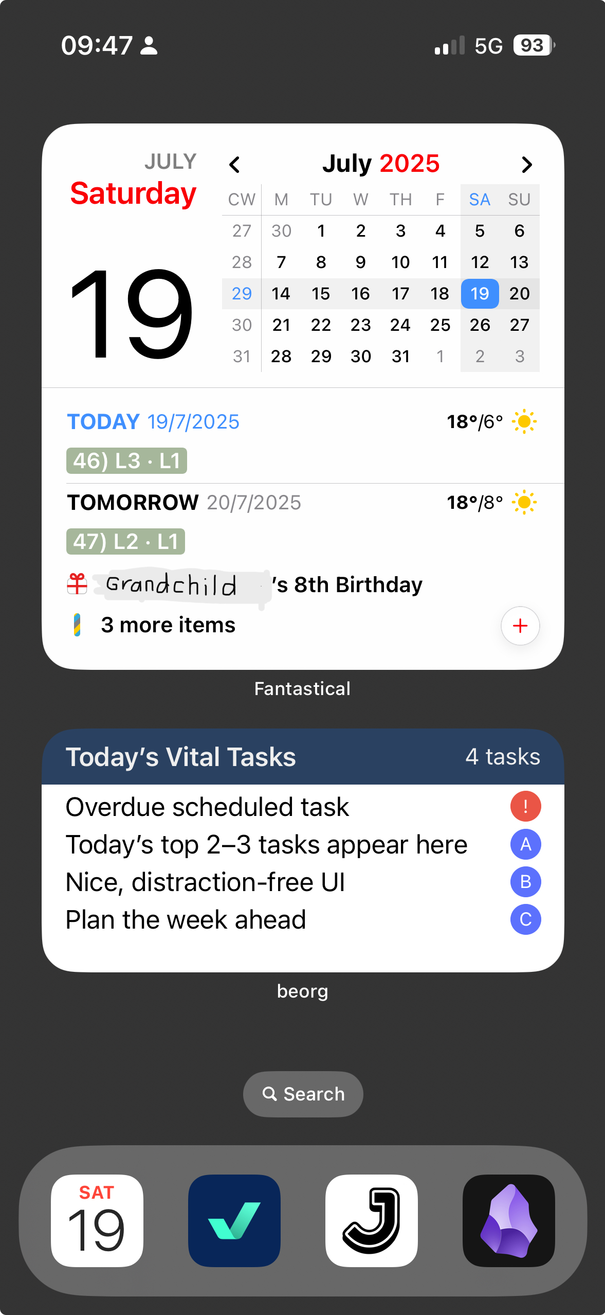 iPhone screenshot showing large Fantastical and small Beorg widgets