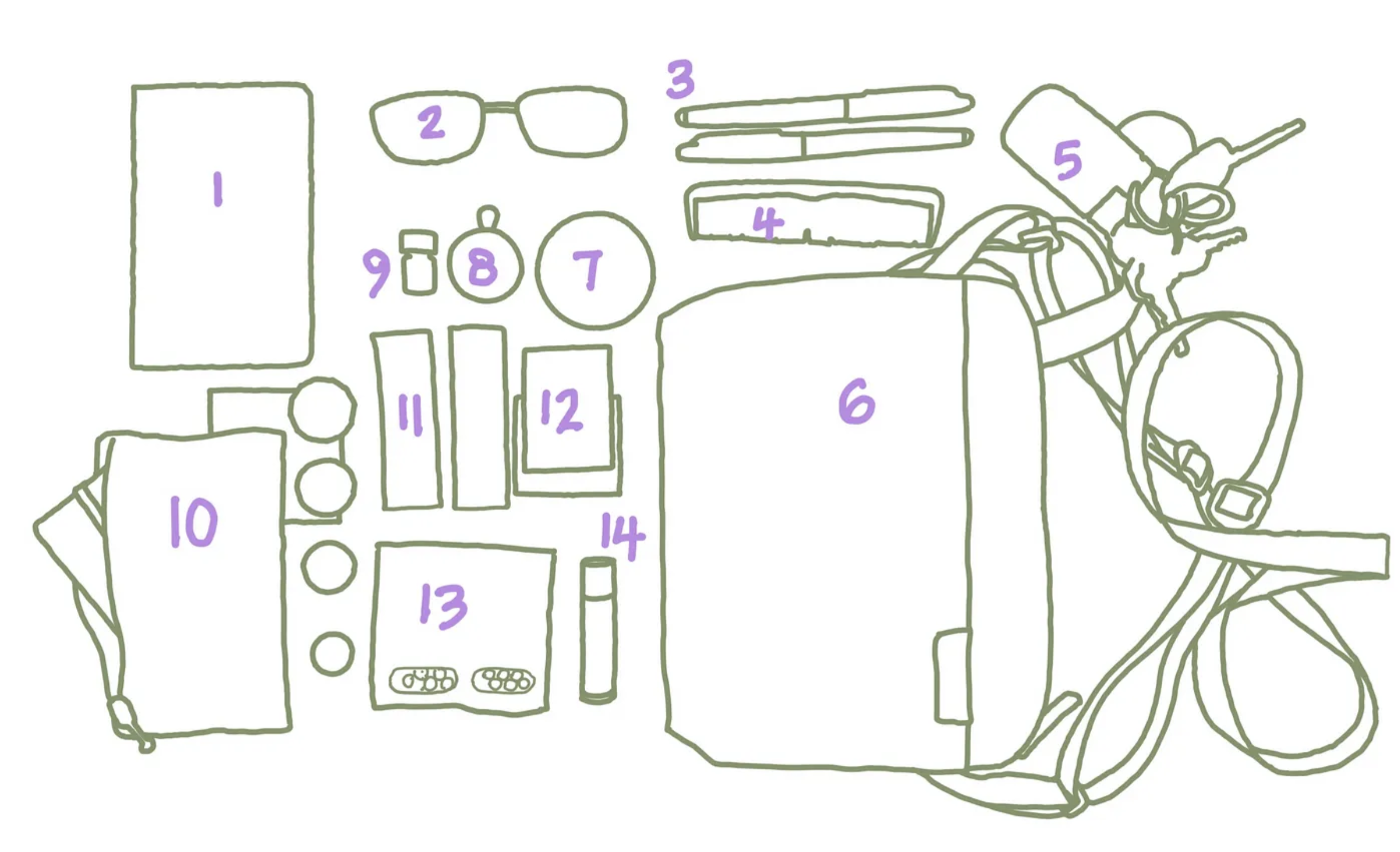 Khaki coloured outline of each item in the photo of the author’s Escape Pod, the Bellroy City Pouch Plus. Each item has a purple number on it. Full list of items is below.