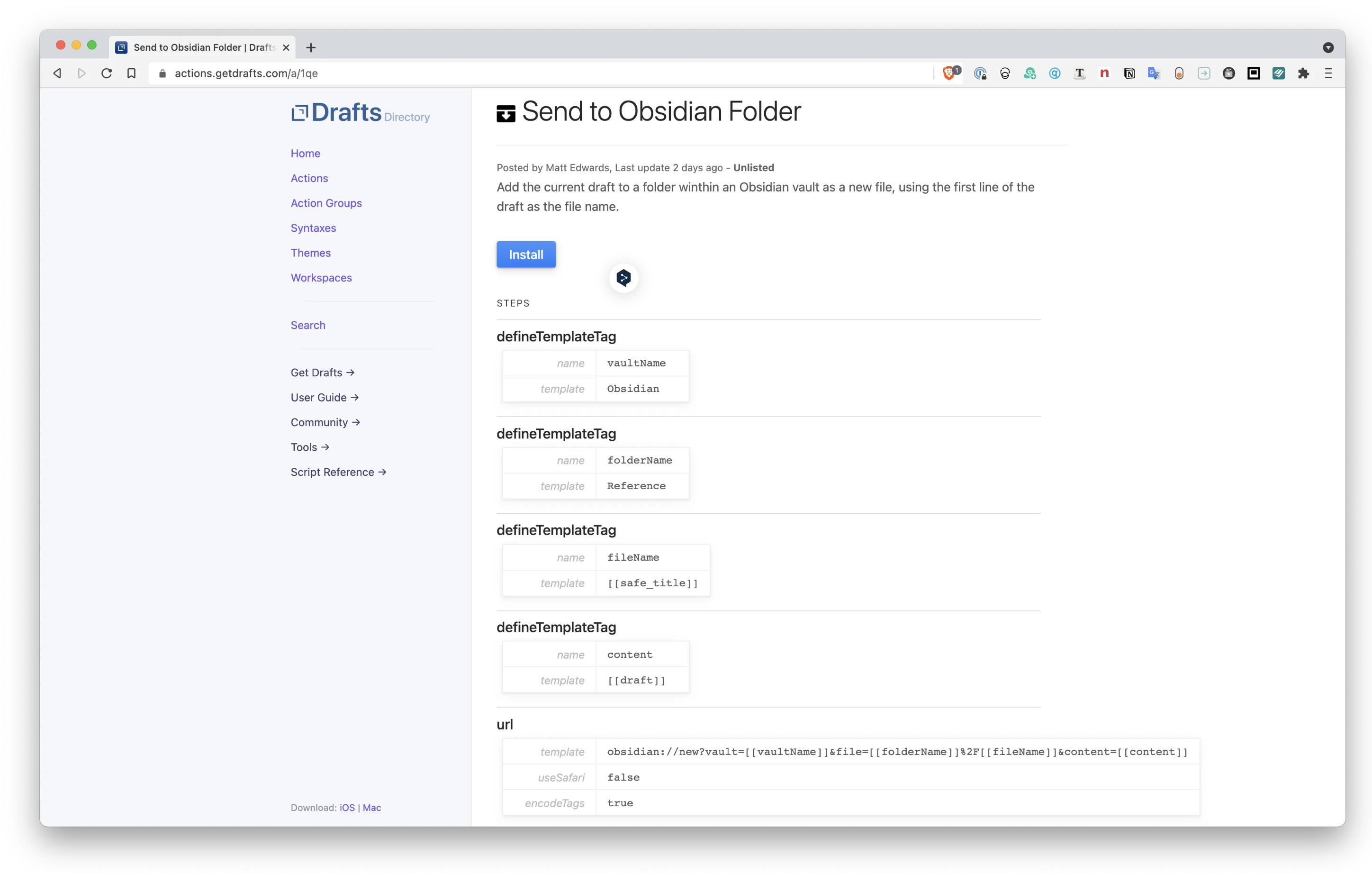 Screenshot of ‘Send to Obsidian Folder’ action on the Drafts community website
