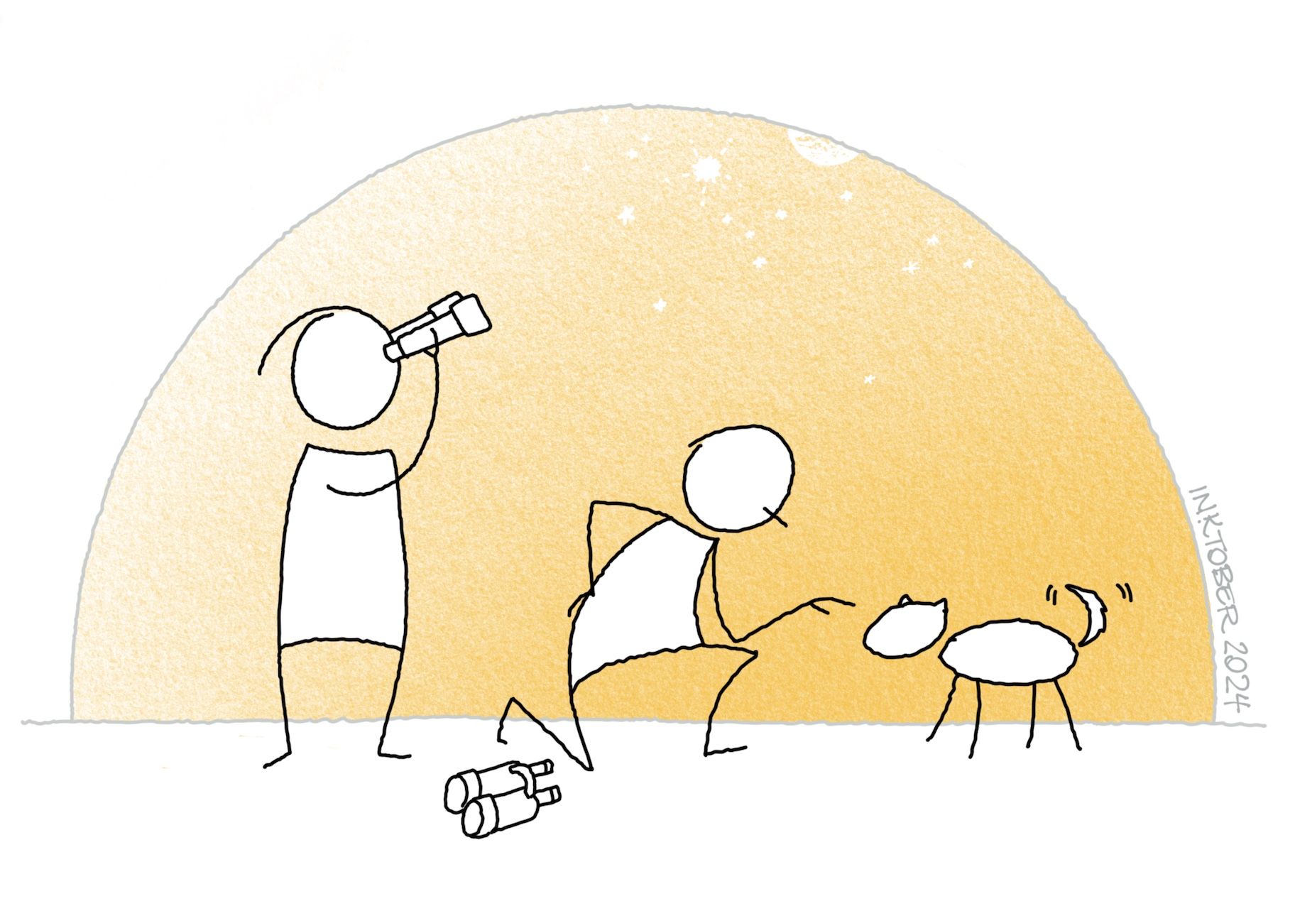 Two stick figures in front of a large orange sun. One figure is using binoculars, while the other is crouched down, reaching out to a small animal. A pair of binoculars is on the ground nearby.