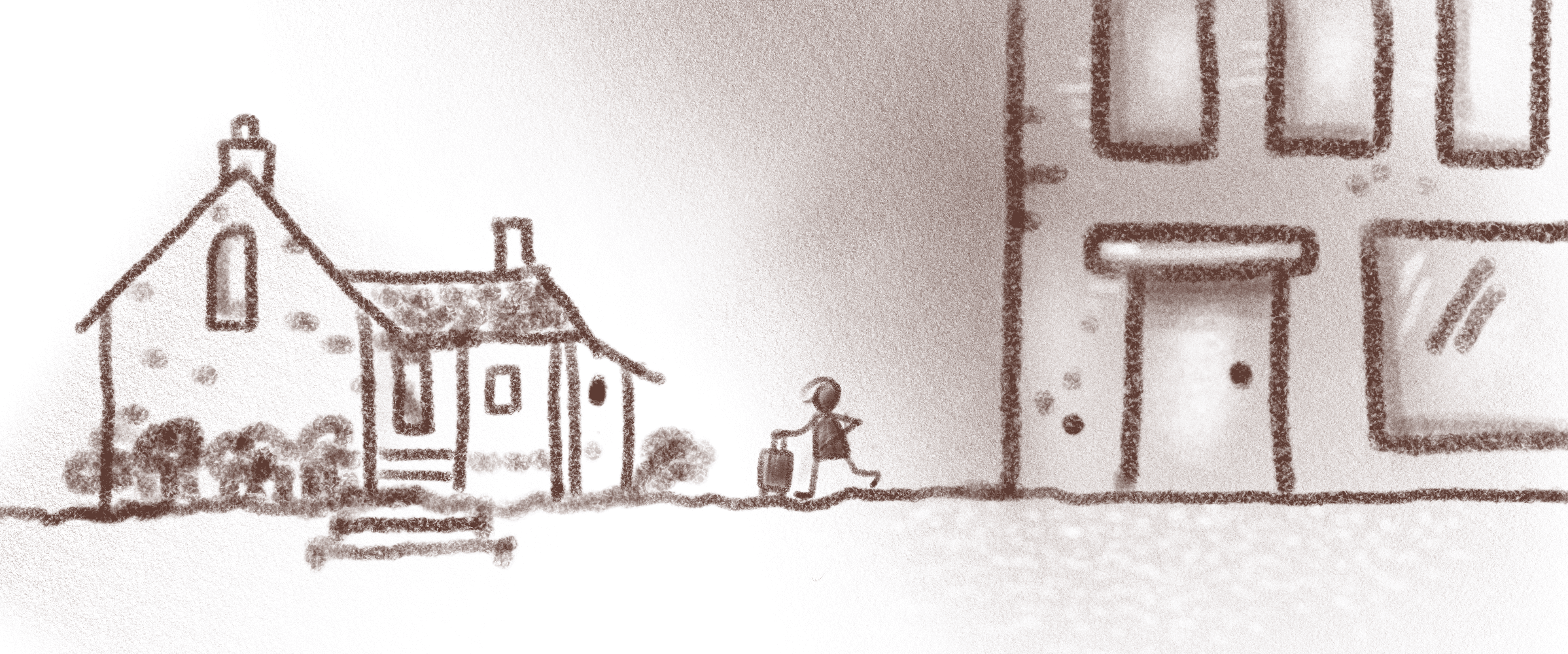 Comic pencil sketch showing a small figure with a suitcase walking away from a large building toward a small cottage