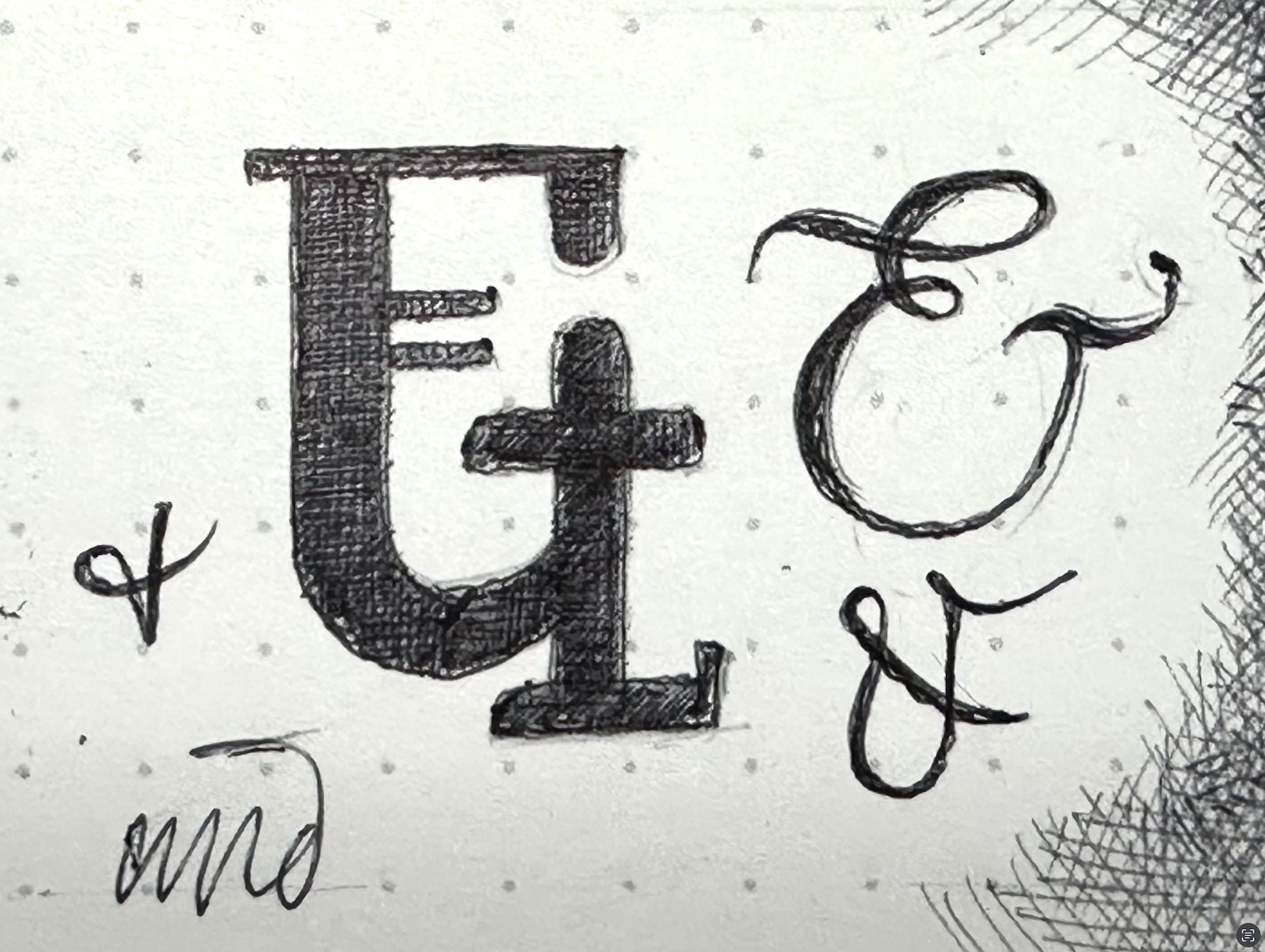 Various hand drawn depictions of the ampersand character, from simple to curly, and an unusual blocky stacked version