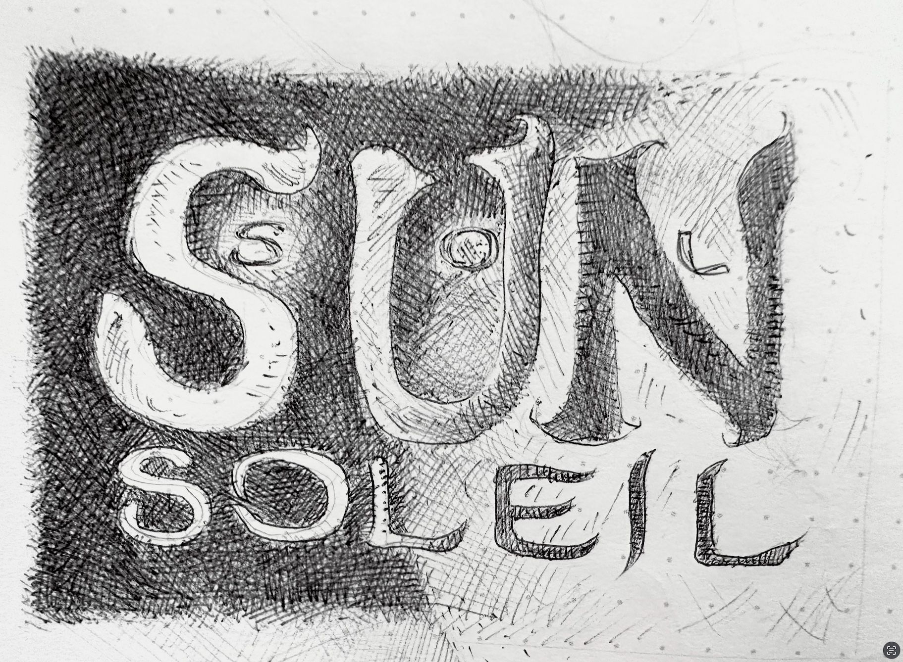 The image features a stylized text design that includes the words “SUN” “SOLEIL,” and “SOL”, with intricate details and shading. The background is textured and dark on the left fading to light on the right