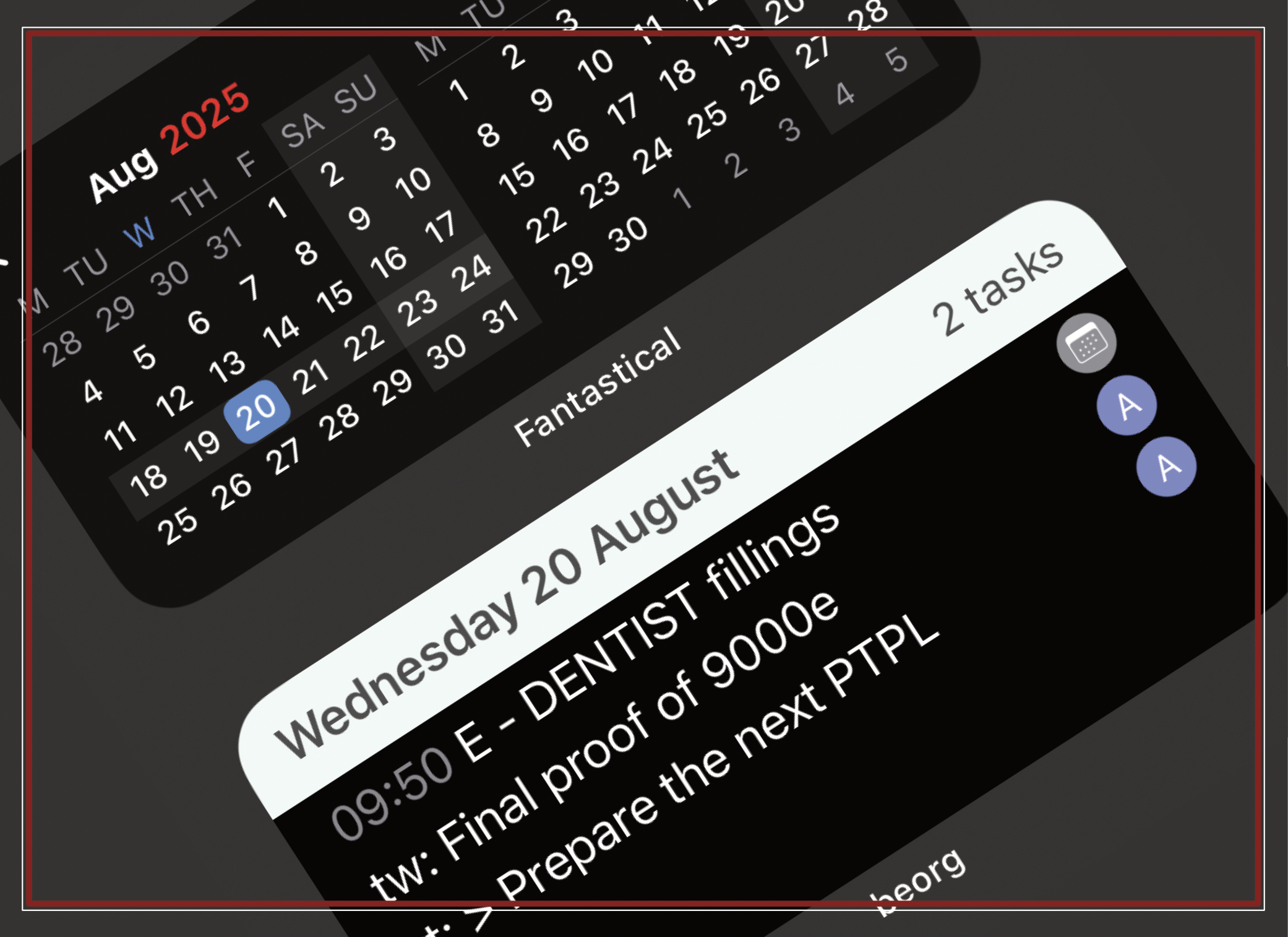 Month calendar and task list iPhone widgets on an angle, white type on black and grey background with red text and border highights