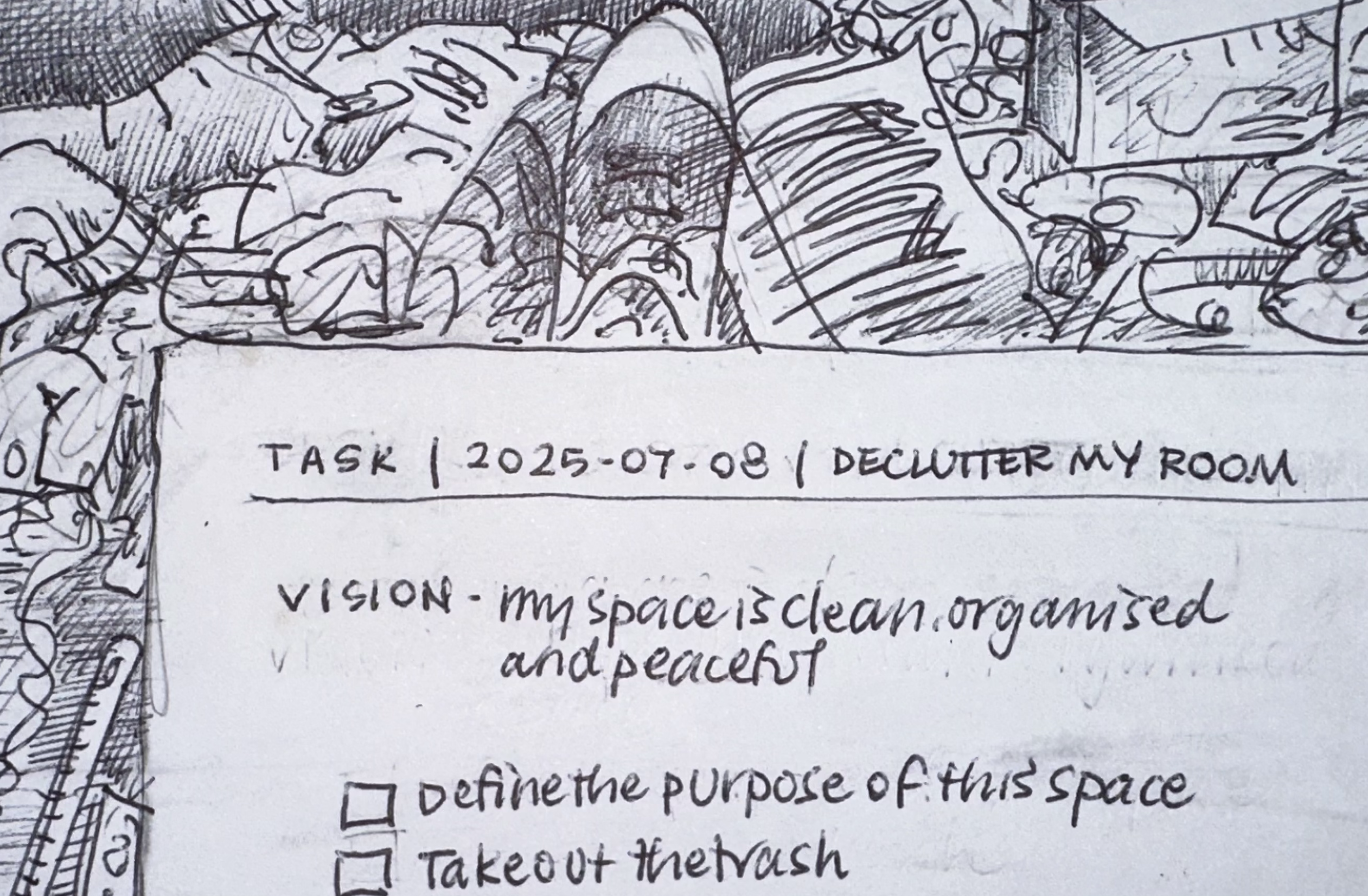 pen drawing of clutter surrounding a clean piece of paper that contains spread out notes that roughly follow the object pages method