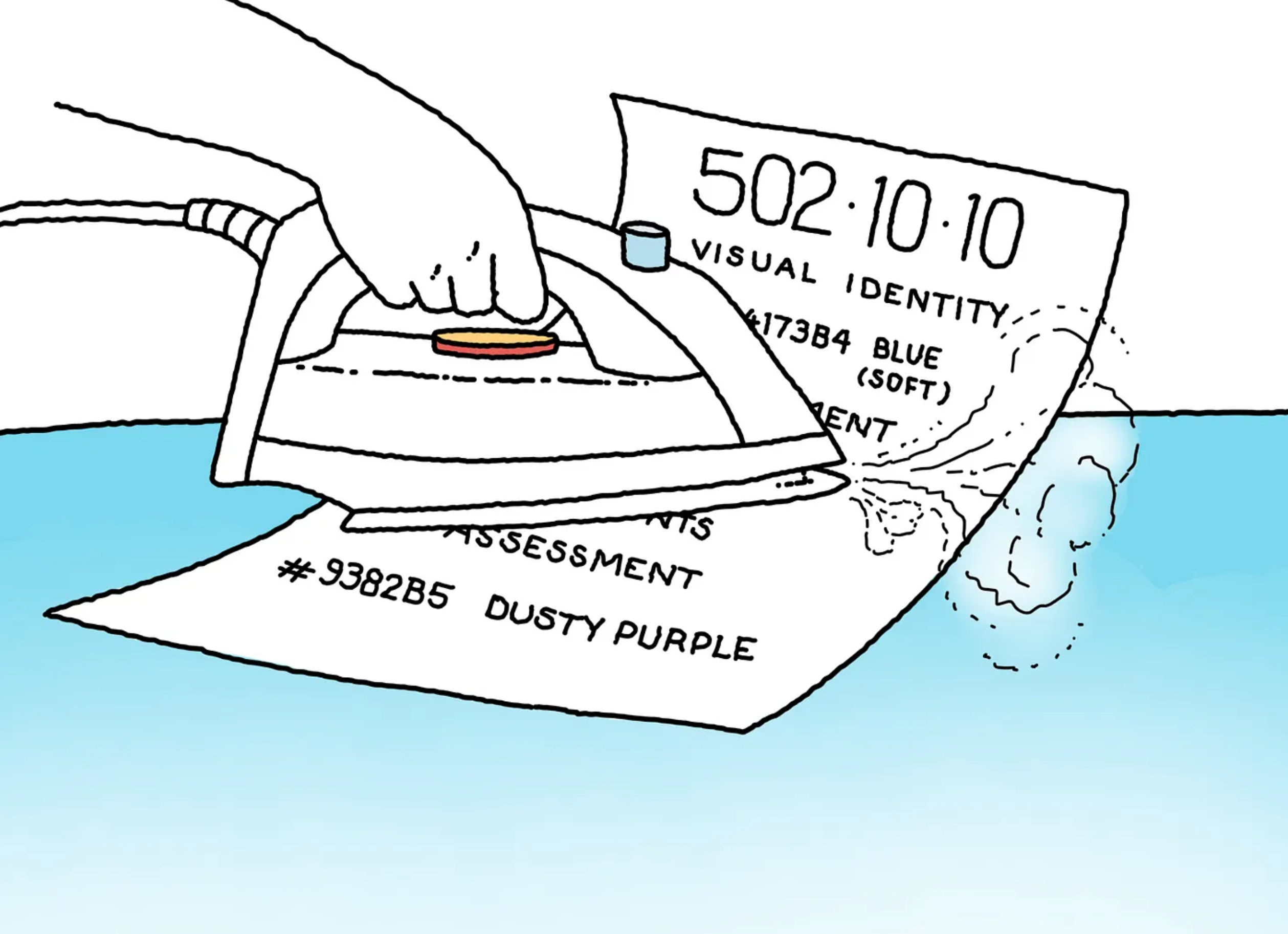 Line drawing on a partial blue background of a hand holding an iron, ironing a piece of paper with a Johnny Decimal number on it with other text. The iron has some steam coming from its tip.