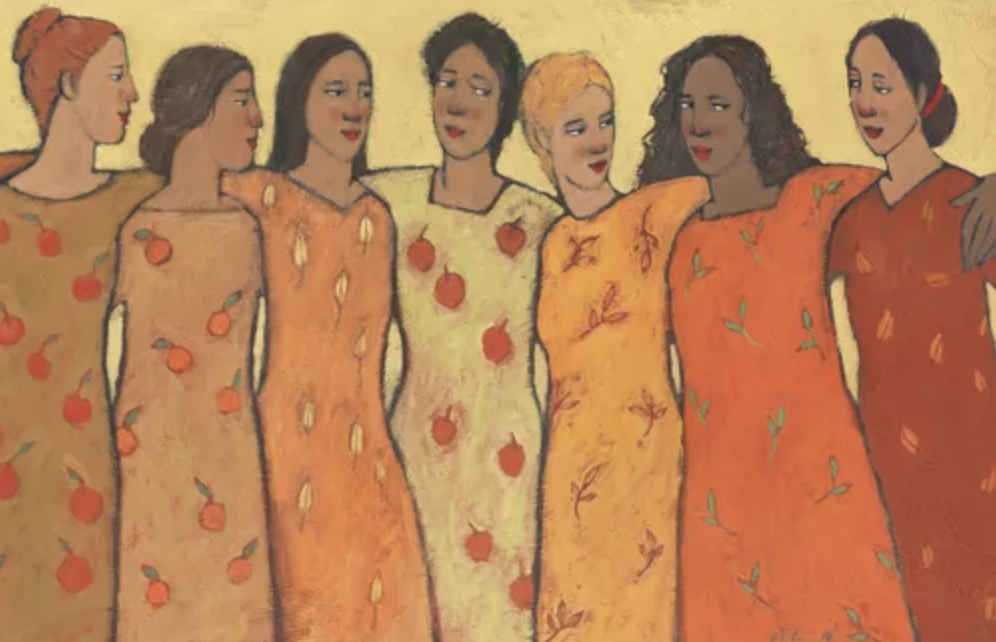 Painted illustration of seven women standing side by side with arms around each other. Each is different to the others but there is a sense of unity and camaraderie.*