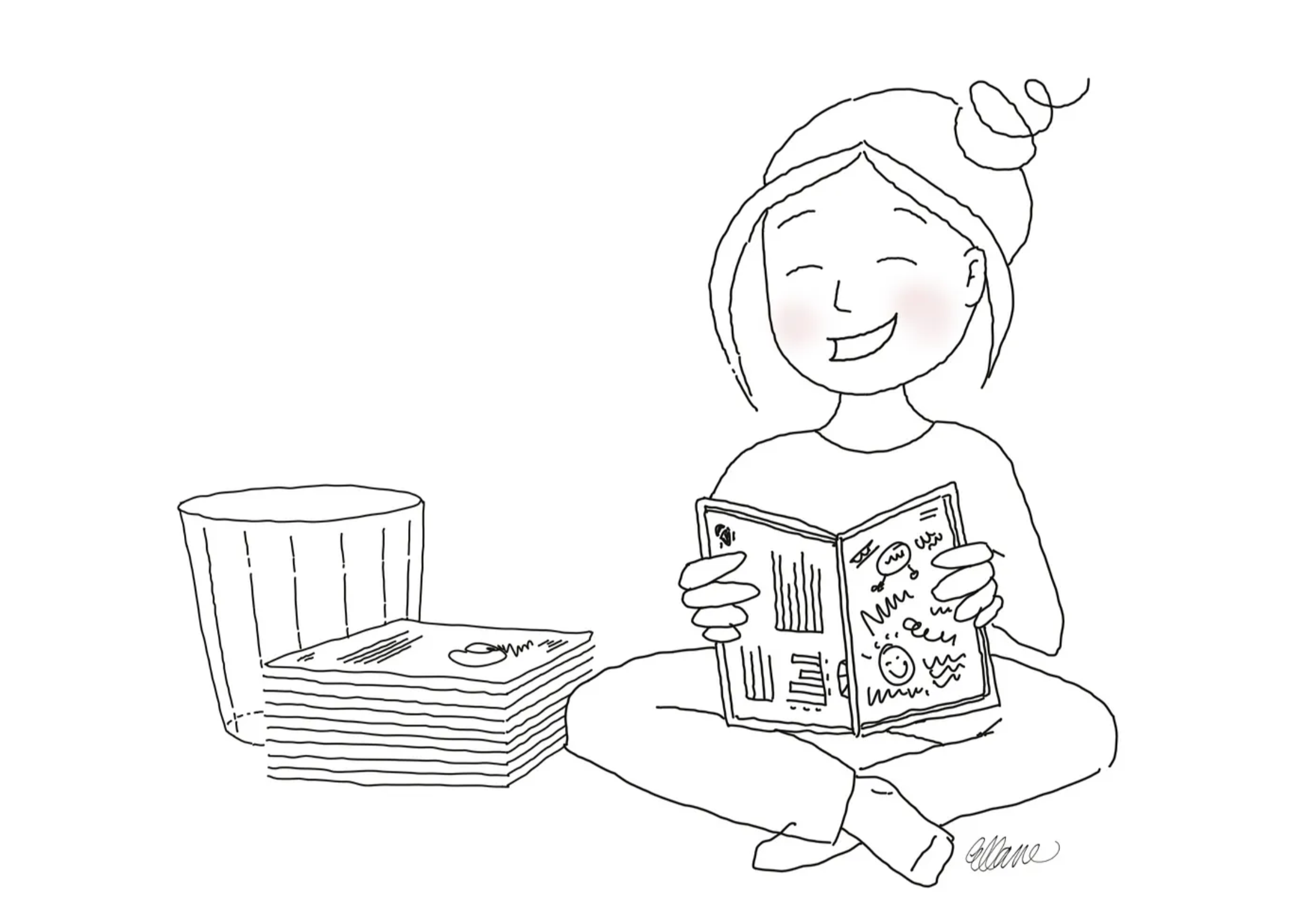 Cartoon lineart showing a person sitting crosslegged on the floor, holding out an open notebook with writing inside it. Next to them is a stack of printed paper, and an empty wastepaper bin.