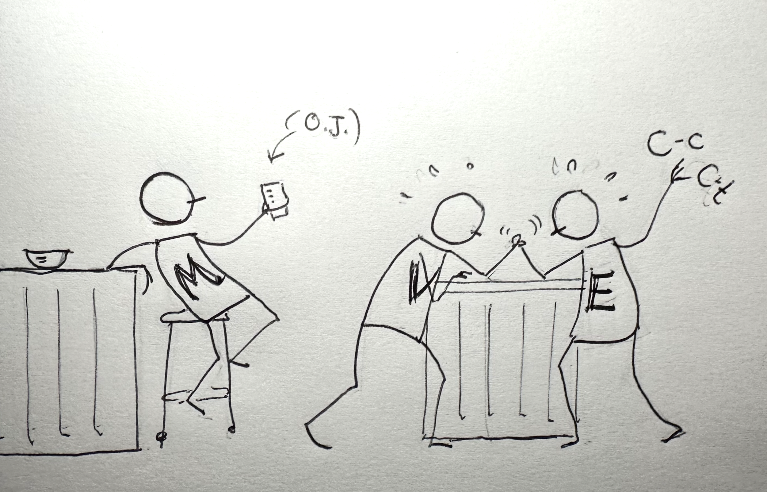 Rough pen sketch of 3 stick figures. The one with an M on their shirt is drinking orange juice at a bar, while 2 more with V and E on their shirts are arm wrestling. The E shirted one is trying to wrangle C-c C-t with their free hand.