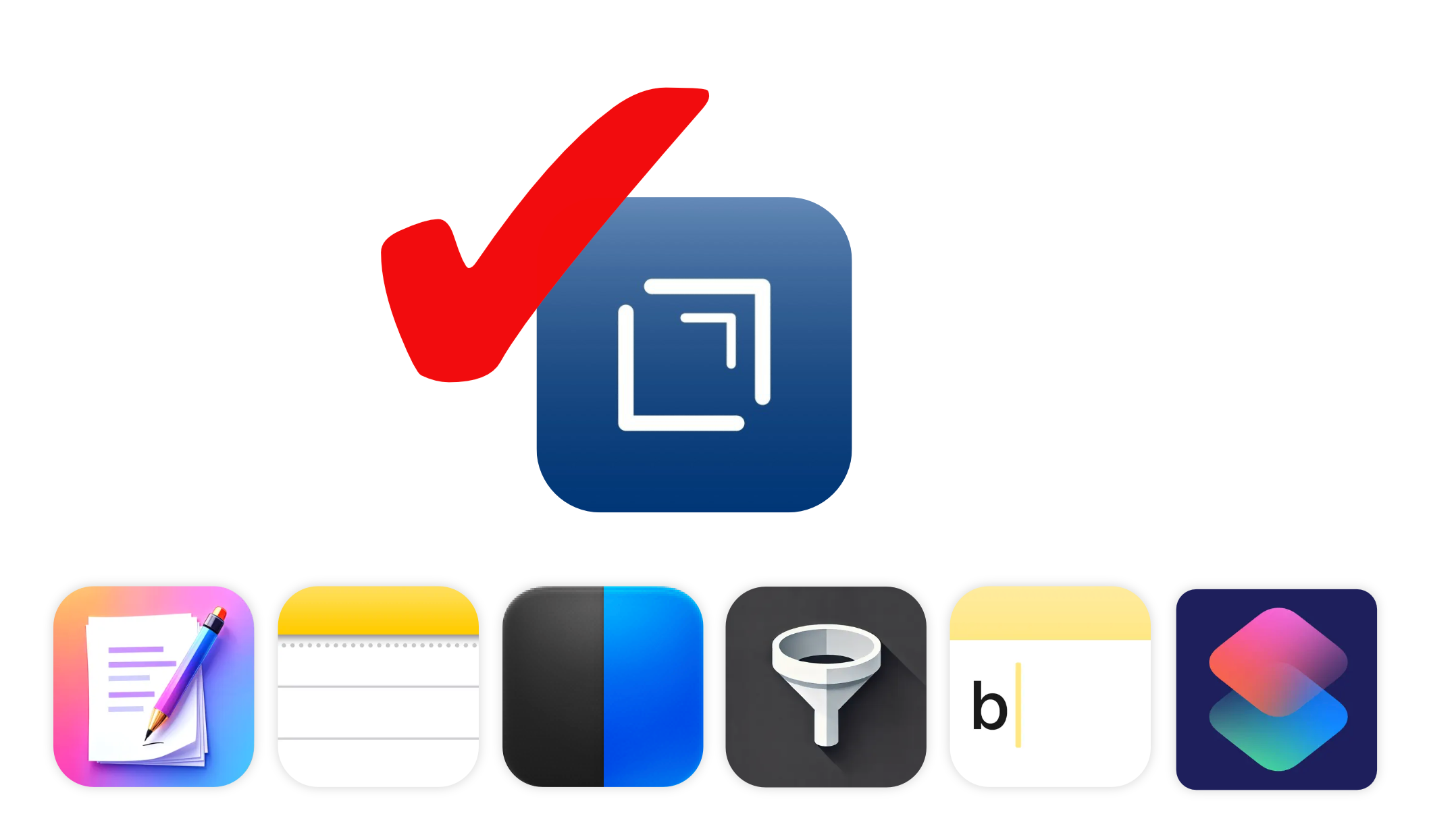 Coloured icons on a white background. 6 smaller icons on the bottom row, with one large icon centred on the top. The large icon has a heavy red check mark slightly overlapping it.