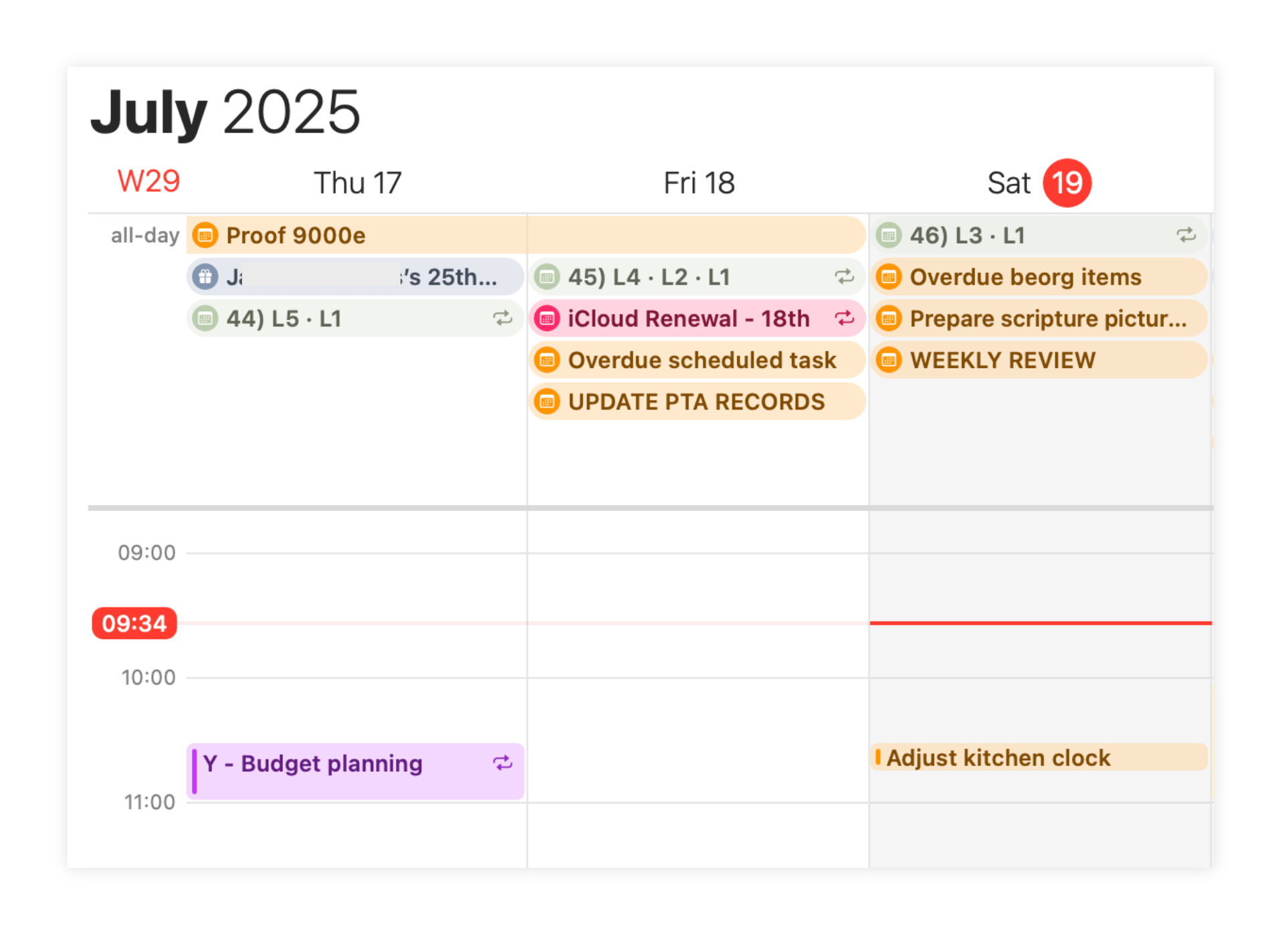 Cropped screenshot of 3 days in Apple Calendar on a Mac, showing tasks created in Beorg. Some span multiple days, some are all-day events, and one is scheduled for a specific time.