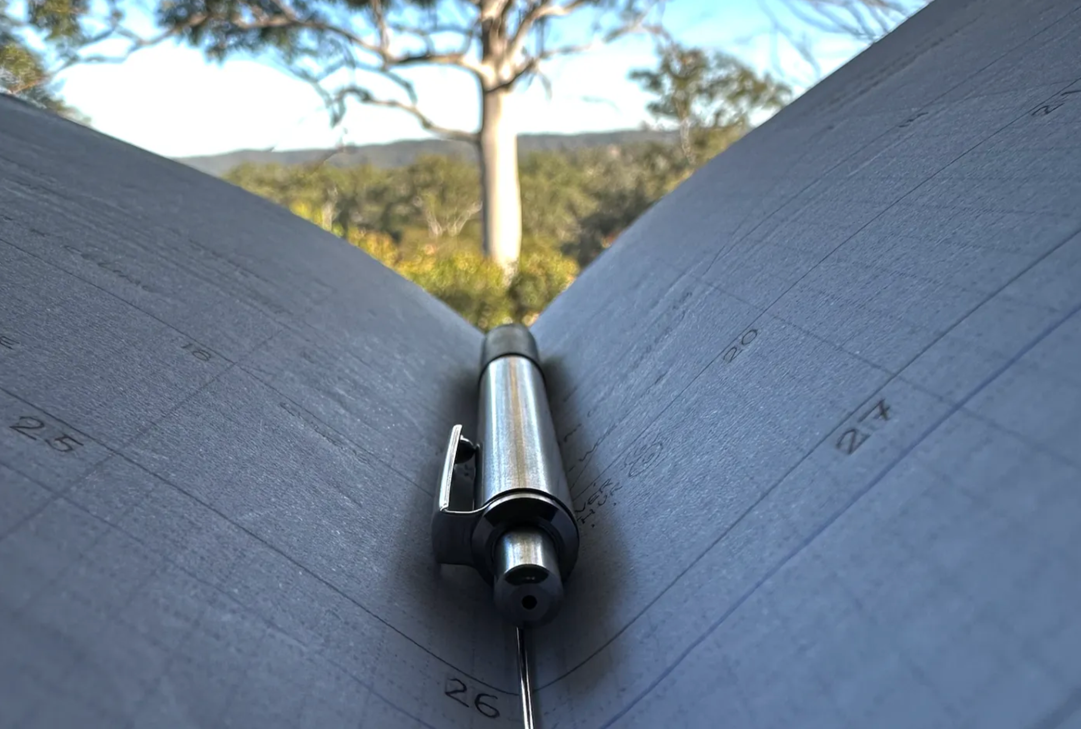 Photograph of an open notebook viewed with the spine almost at eye level. There’s a Zebra retractable pen in the gutter of the book, lining up with a magnificent gum tree that can be seen in front of the distant hills. Just another glorious winter’s day in Australia!