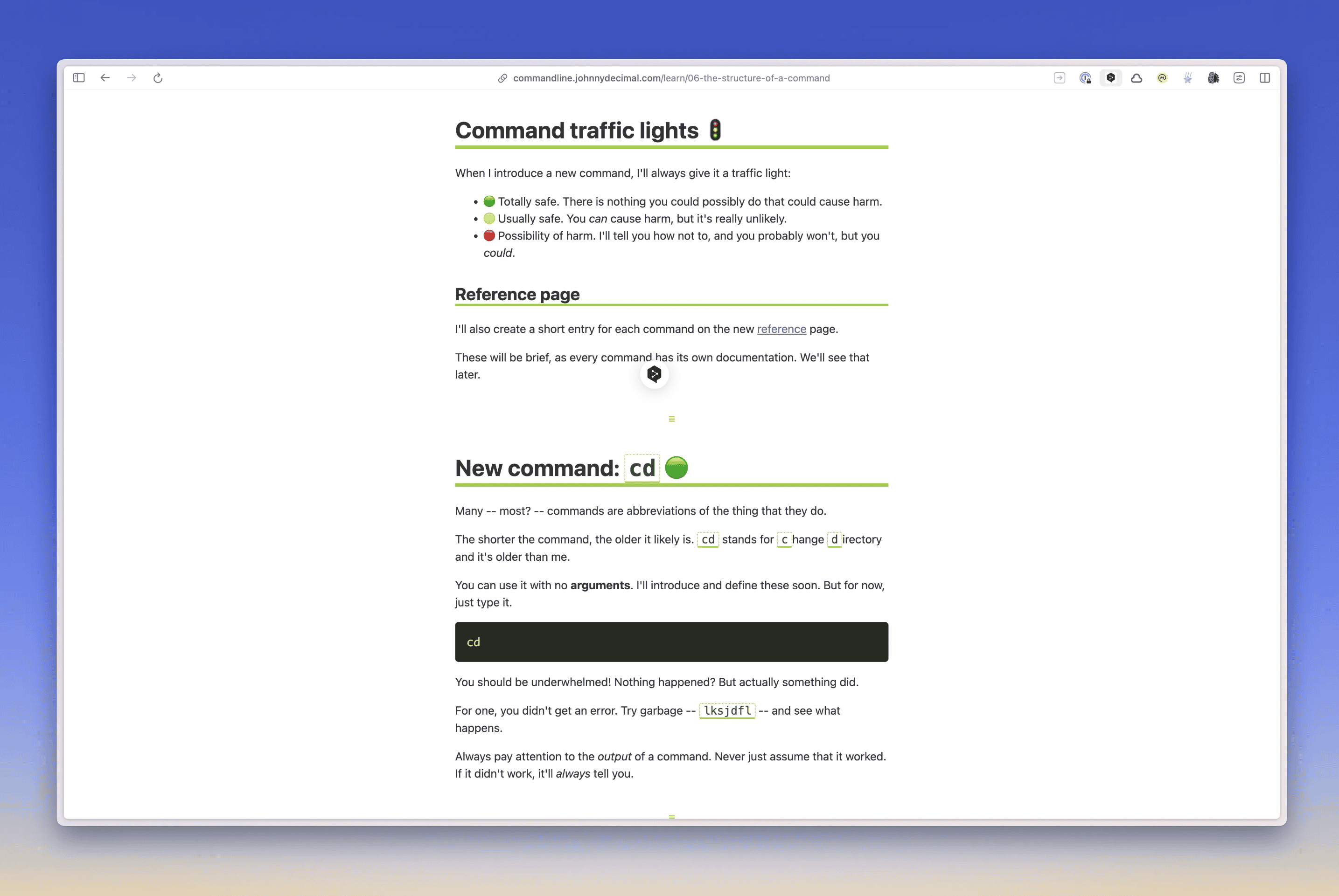 screenshot of a white page on a coloured background with a list of website entries on learning the command line