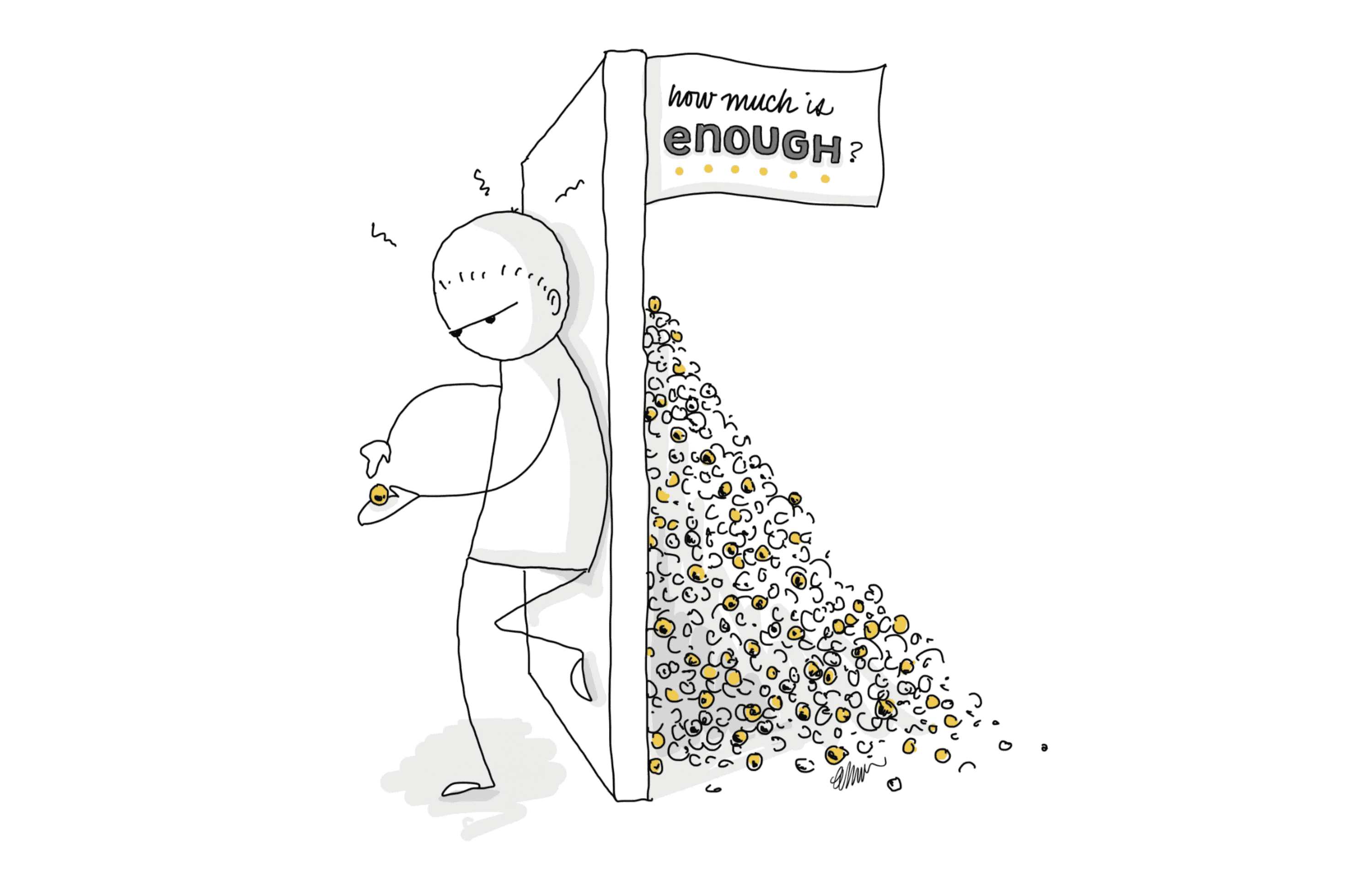 Cartoon line art showing a dissatisfied-looking person leaning against a wall. They are looking at a single, small round object that is sitting in their outstretched hand. On the other side of the wall, out of sight but visible to anyone who looks, is a large pile containing what appears to be thousands of the same object