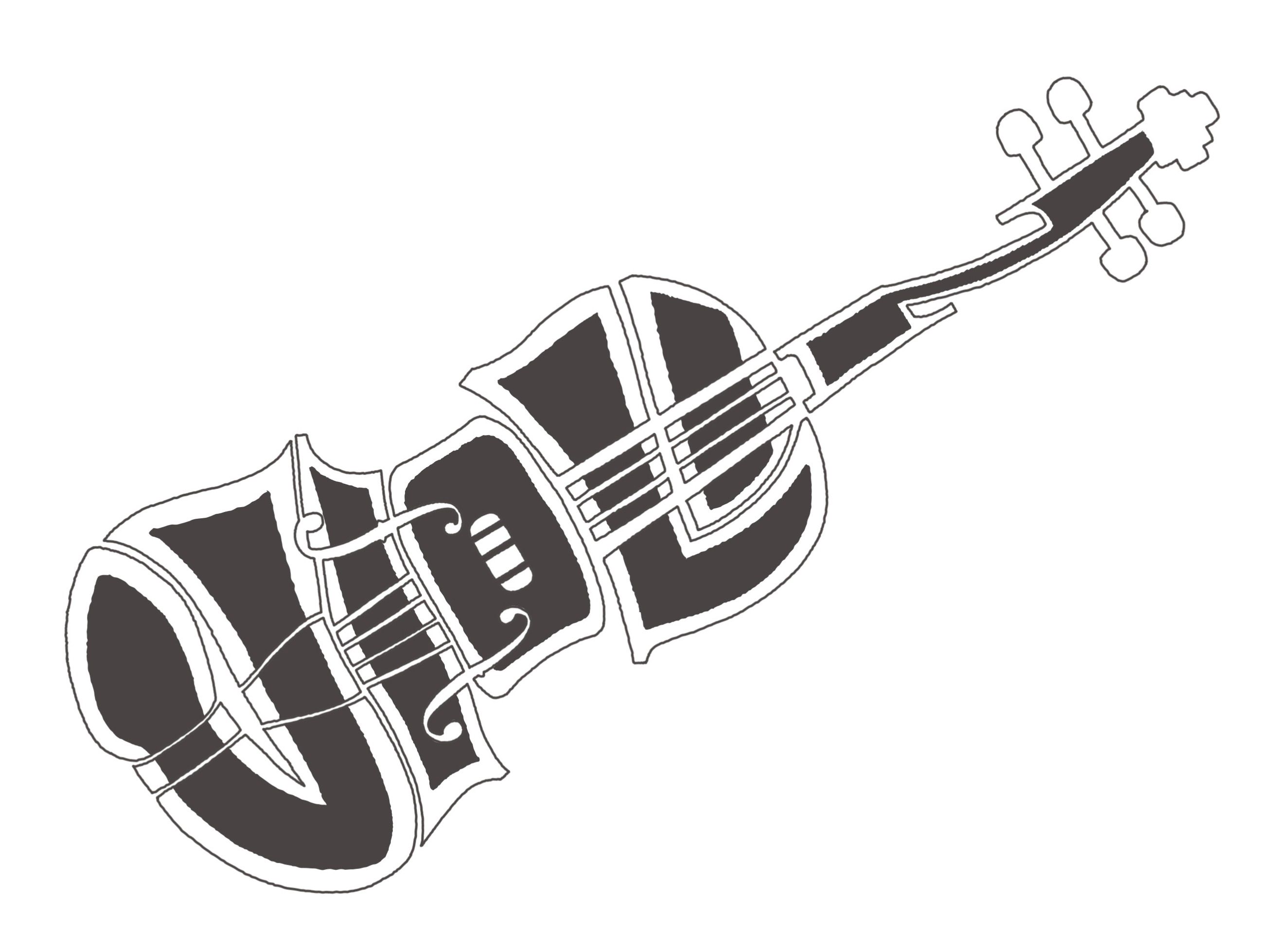 Fine line stylised outline of a violin, where the shapes of the instrument are made up of the letters in the word VIOLIN. Dark, solid letters are placed within the aforementioned outlines.