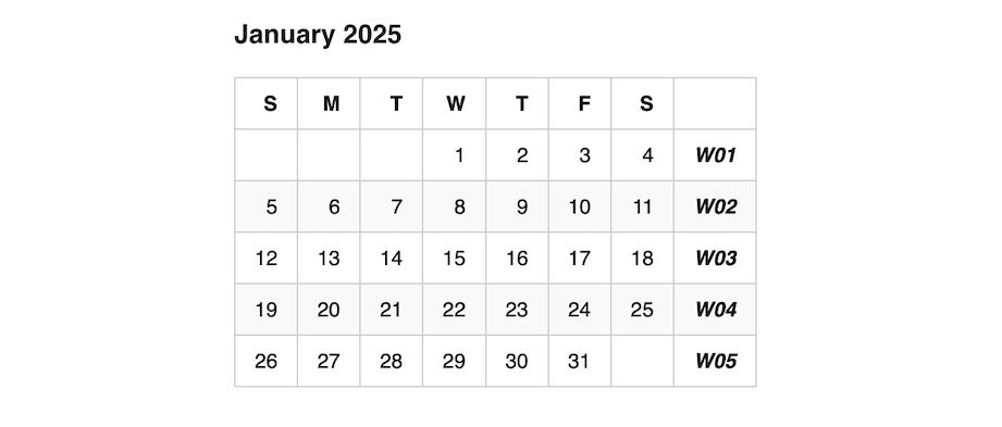 Grid showing a January 2025 calendar. Alternate rows are shaded grey.