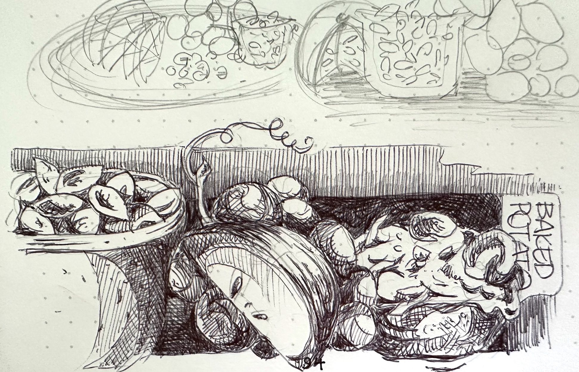 A monochrome sketch featuring various food items including a bowl of leaves, a baked potato with toppings, and scattered grapes in the background.