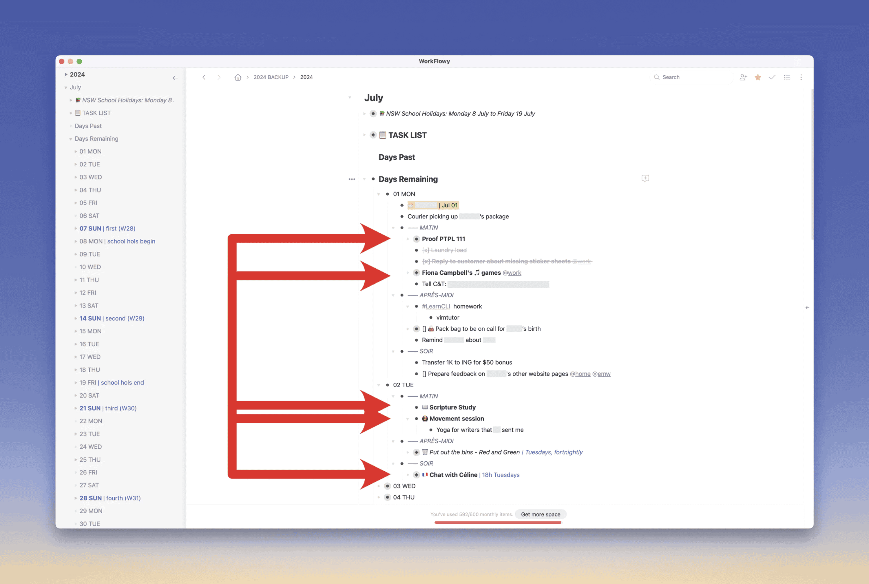 Workflowy screenshot showing a text based calendar