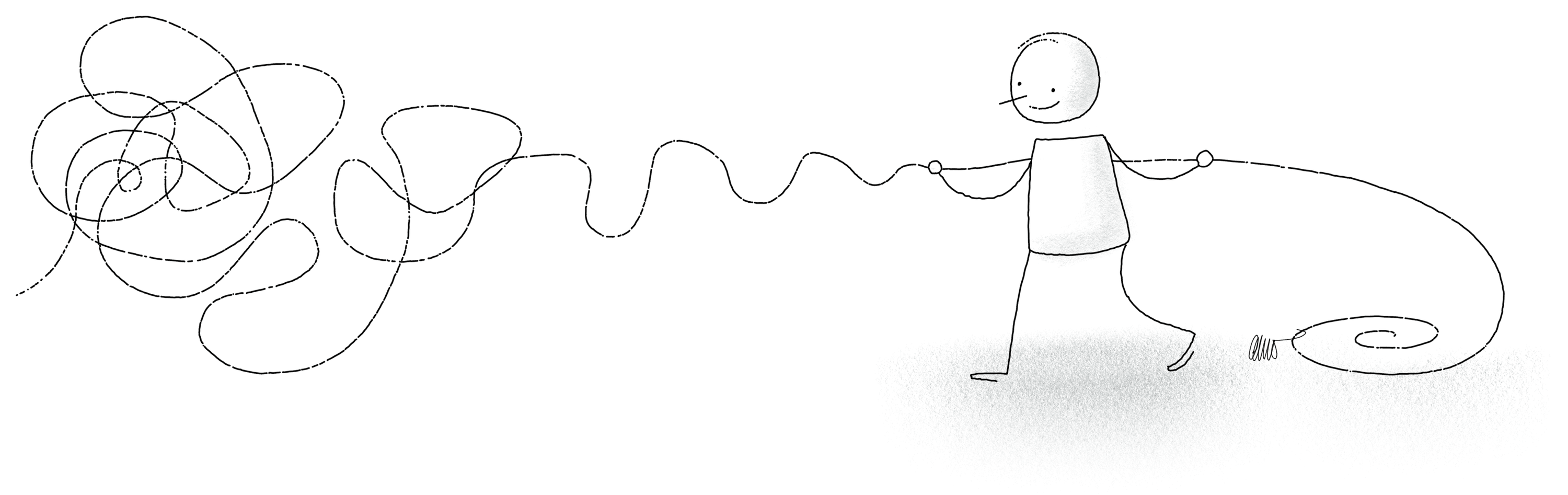 Comic drawing of a stick person making a neat coil from a long tangled piece of string