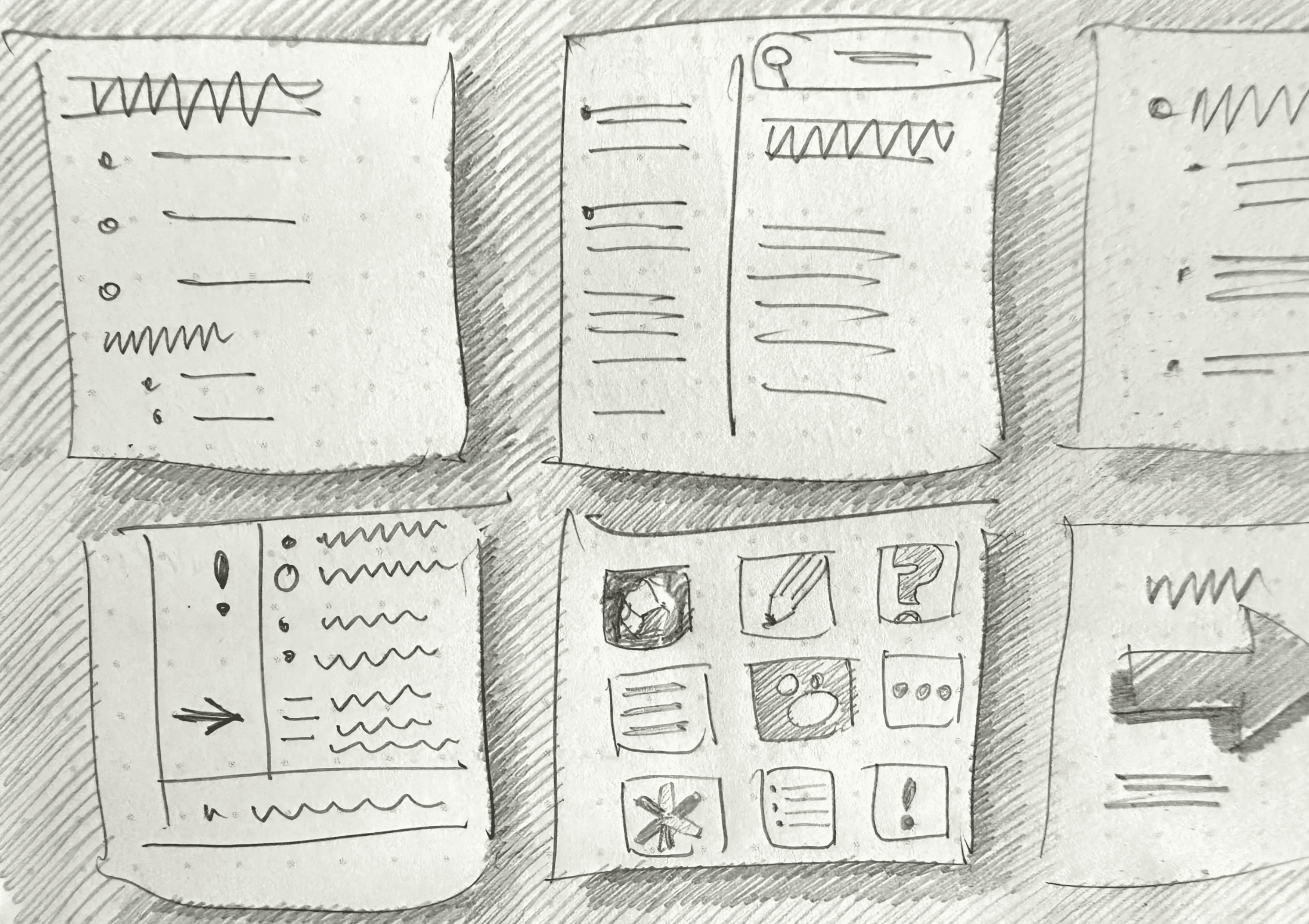 Pencil sketch of six roughly drawn squares with different note and task configuations in each. One box contains nine app icons.