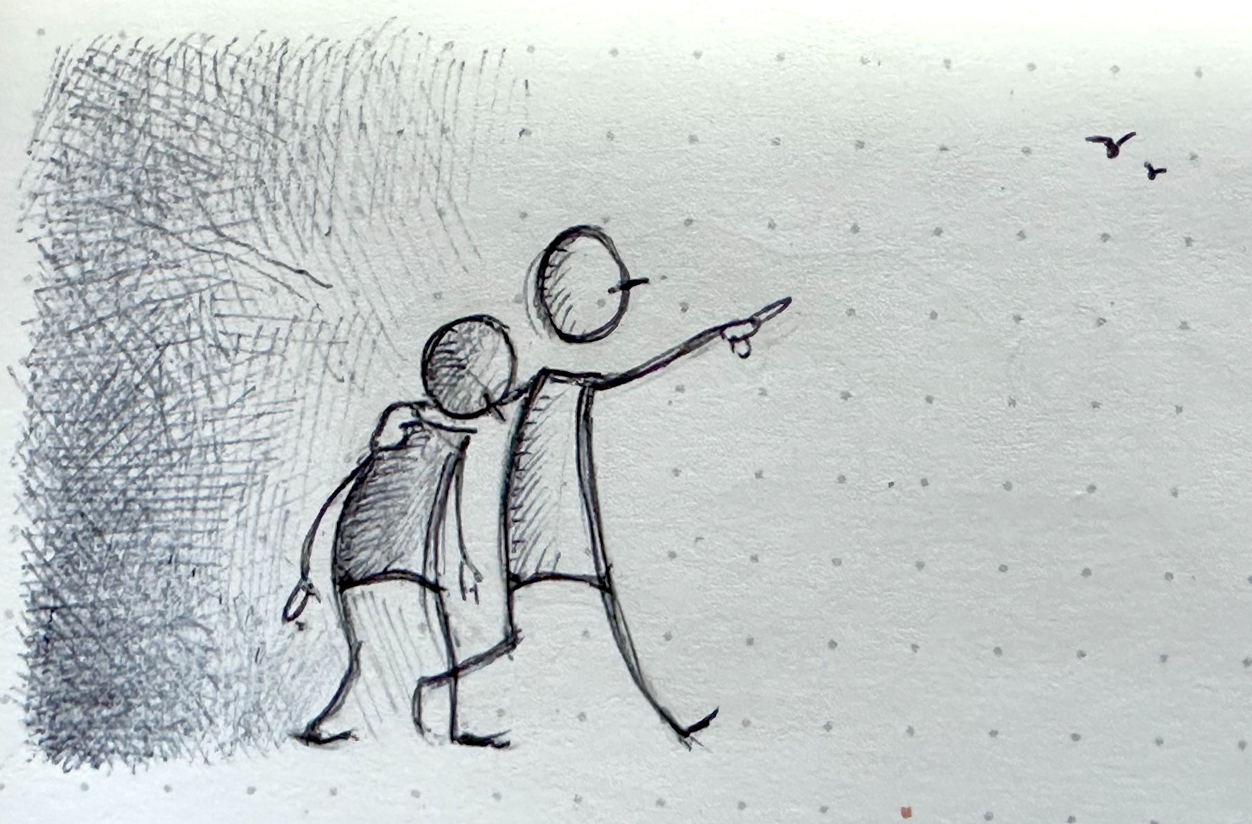 A sketch of two stick figures walking away from a shadowy place, one pointing outward while the other leans against them. Small birds are depicted in the distance, suggesting a sense of optimism or hope.