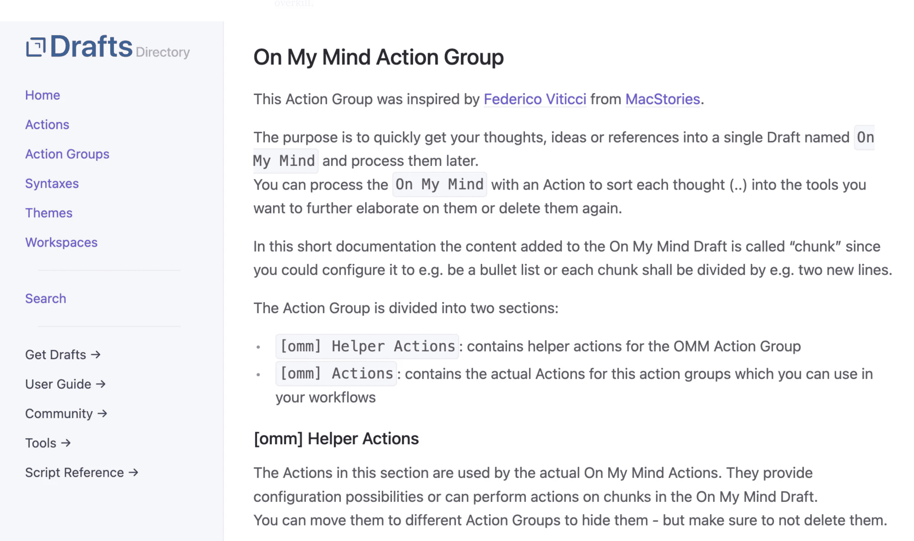 Screenshot of the Drafts On My Mind Action Group, found at https://directory.getdrafts.com/g/1yM